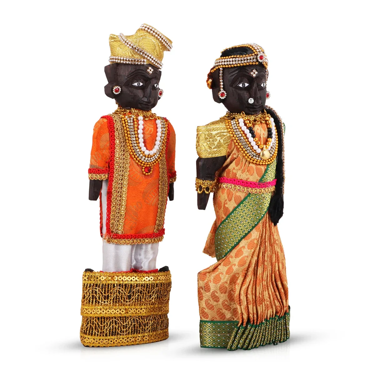 Marapachi Bommai Pair - 10 x 3.5 Inches | Giri Golu Statue/ Decorated Marapachi Doll/Wooden Statue for Marriage - Image 3
