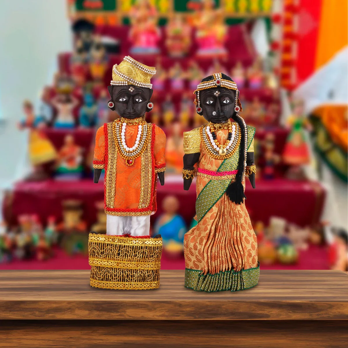 Marapachi Bommai Pair - 10 x 3.5 Inches | Giri Golu Statue/ Decorated Marapachi Doll/Wooden Statue for Marriage - Image 6