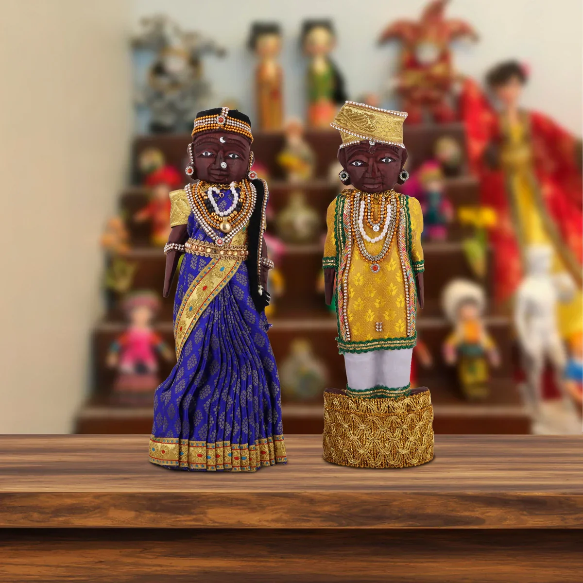 Marapachi Bommai Pair - 11 x 3 Inches | Giri Golu Statue/ Decorated Marapachi Doll/Wooden Statue for Marriage - Image 6