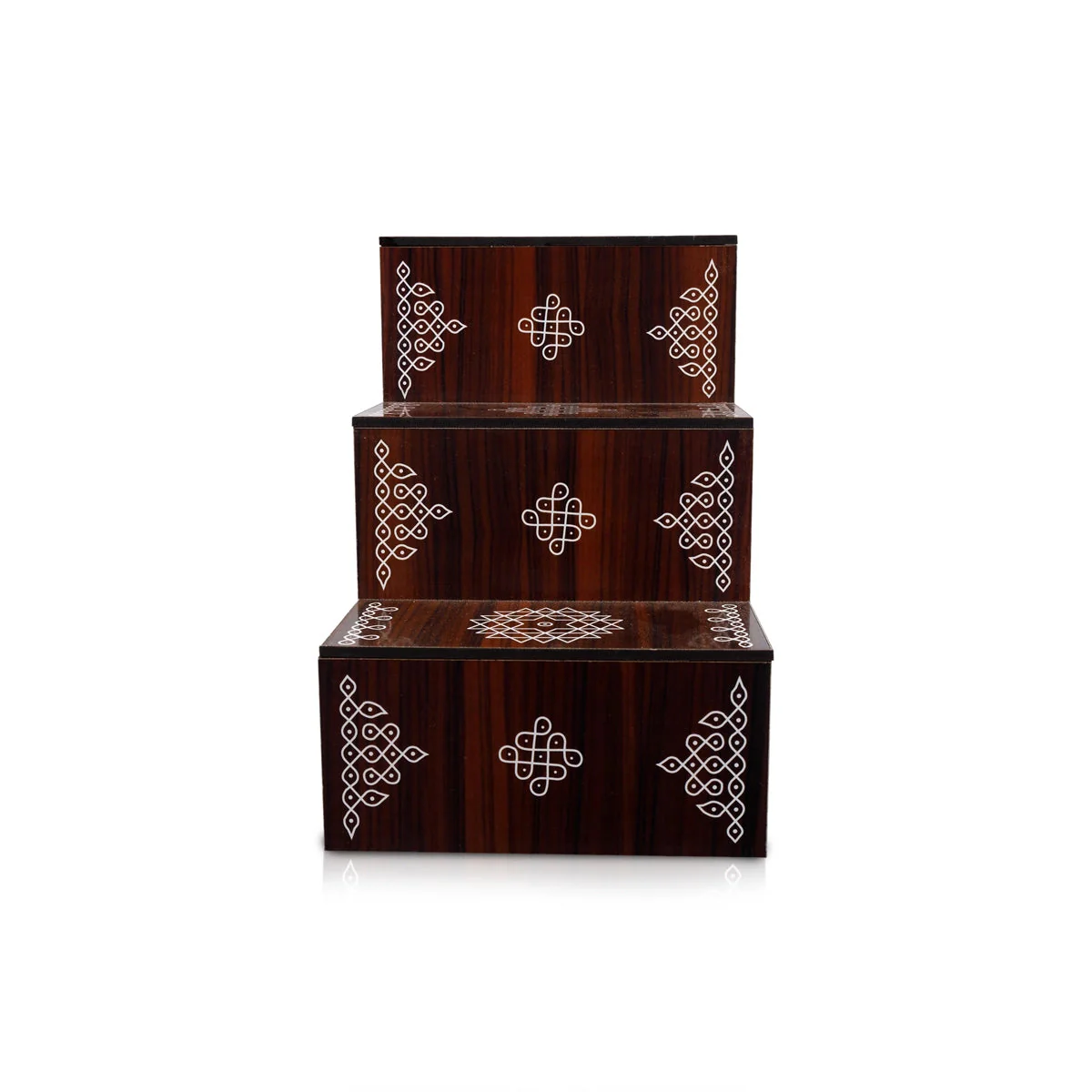 Kolam Design Golu Stand - 8 x 7.5 x 5.5 Inches | Wooden Golu Padi/ Golu Step/ 3 Steps for Diya Stand Navratri - Image 2