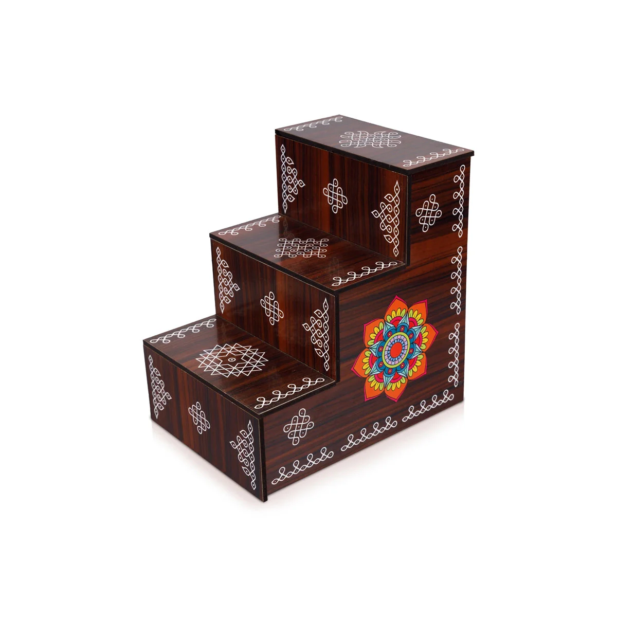 Kolam Design Golu Stand - 8 x 7.5 x 5.5 Inches | Wooden Golu Padi/ Golu Step/ 3 Steps for Diya Stand Navratri - Image 3
