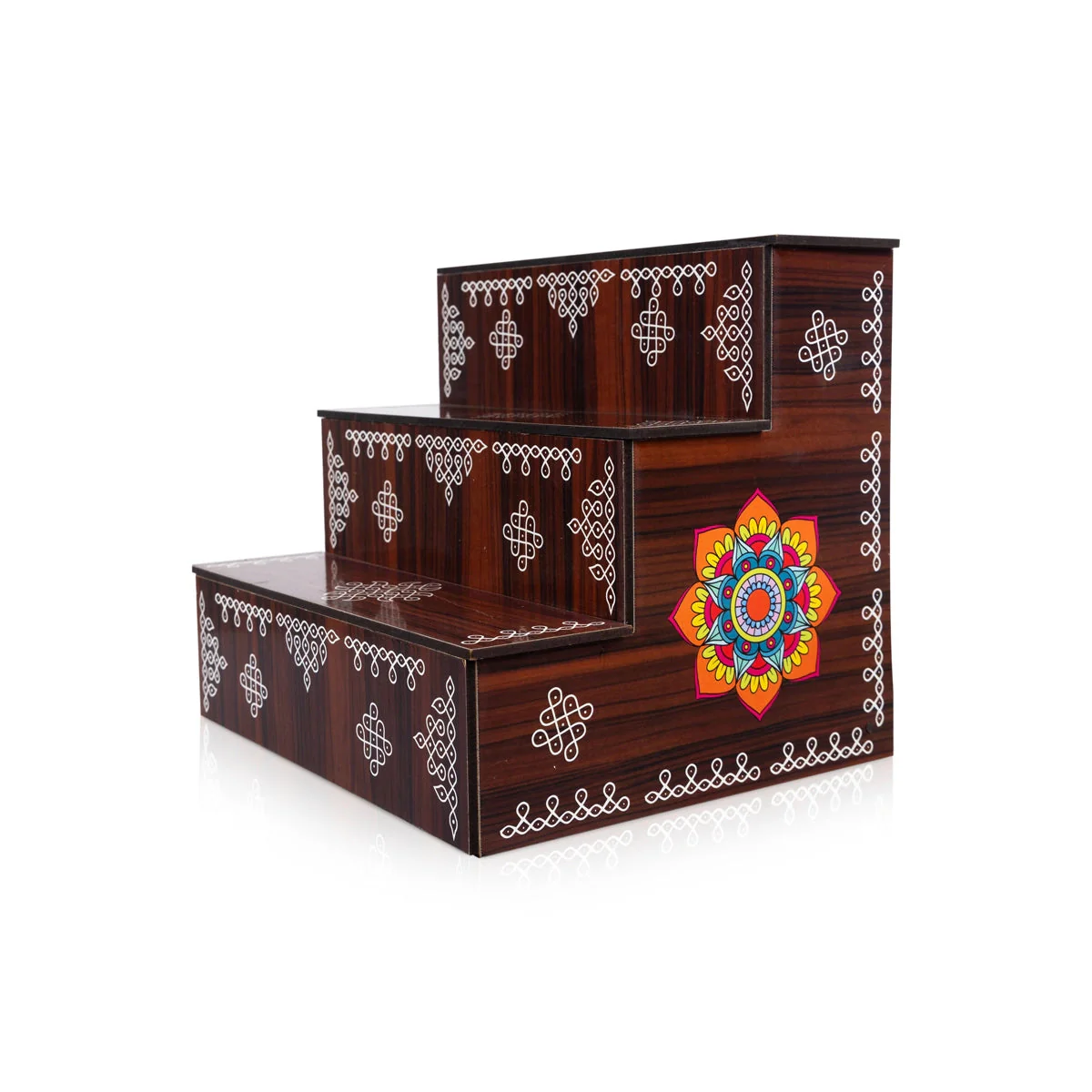 Kolam Design Golu Stand - 8 x 7.5 x 9 Inches | Wooden Golu Padi/ Golu Step/ 3 Steps Diya Stand for Navratri - Image 2