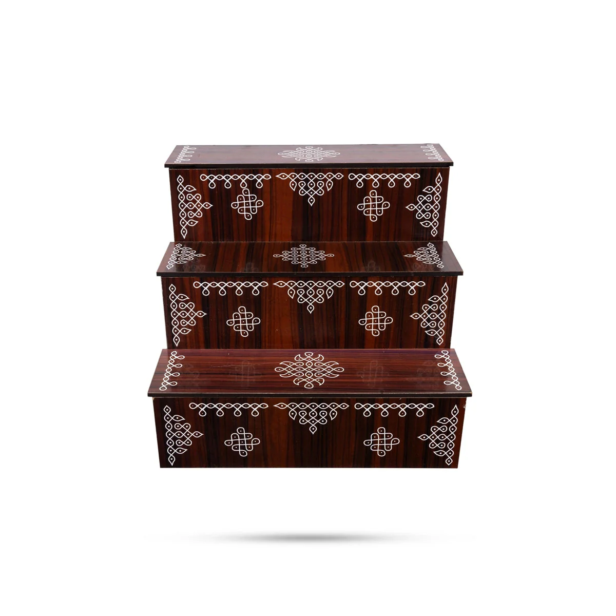Kolam Design Golu Stand - 8 x 7.5 x 9 Inches | Wooden Golu Padi/ Golu Step/ 3 Steps Diya Stand for Navratri - Image 3