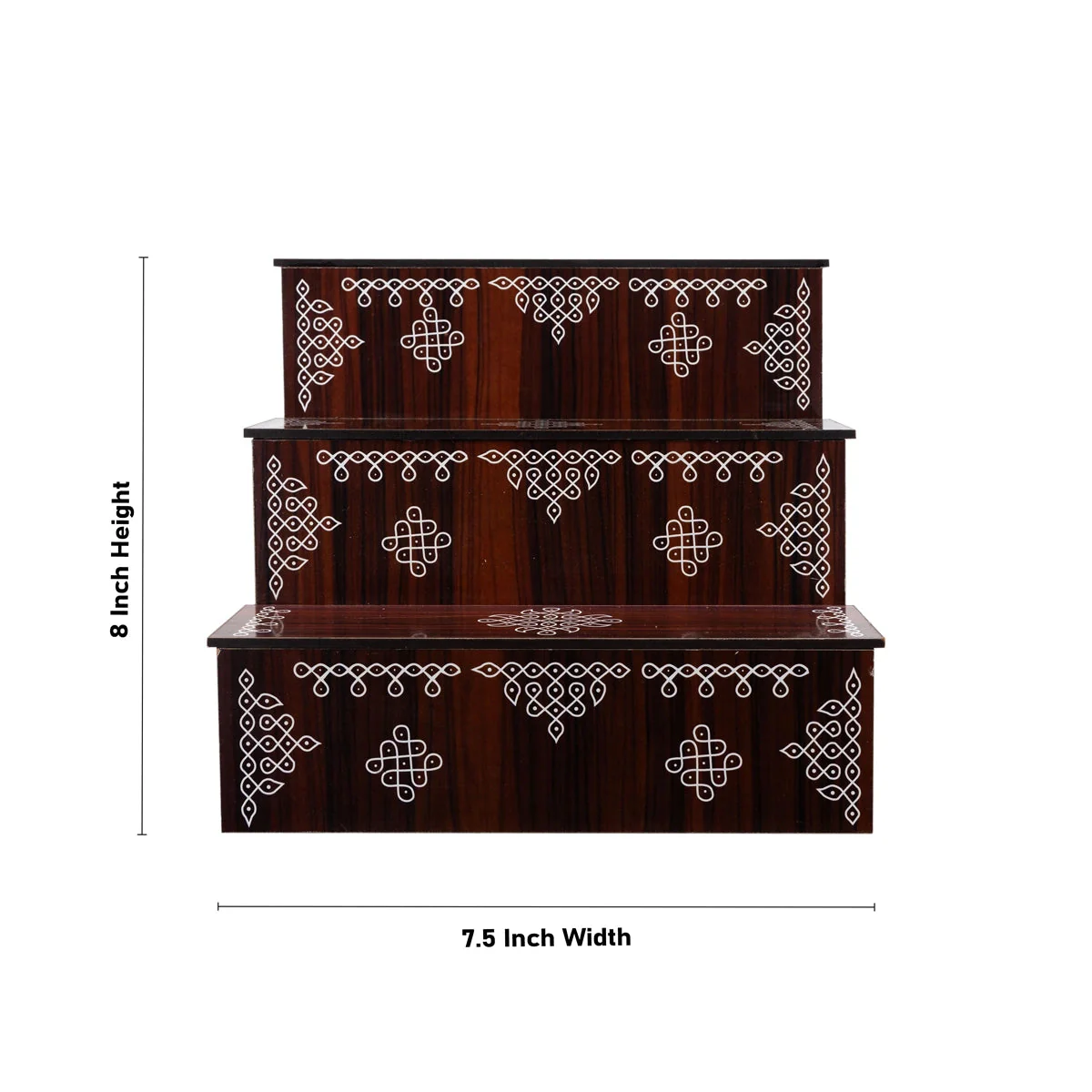 Kolam Design Golu Stand - 8 x 7.5 x 9 Inches | Wooden Golu Padi/ Golu Step/ 3 Steps Diya Stand for Navratri - Image 4