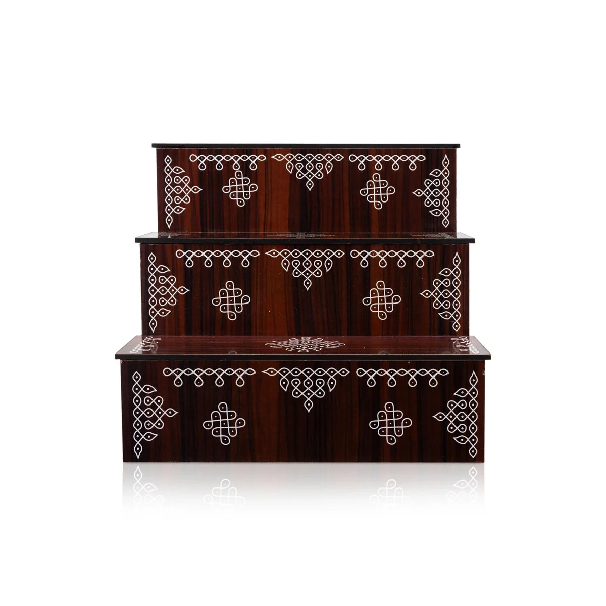 Kolam Design Golu Stand - 8 x 7.5 x 9 Inches | Wooden Golu Padi/ Golu Step/ 3 Steps Diya Stand for Navratri - Image 5