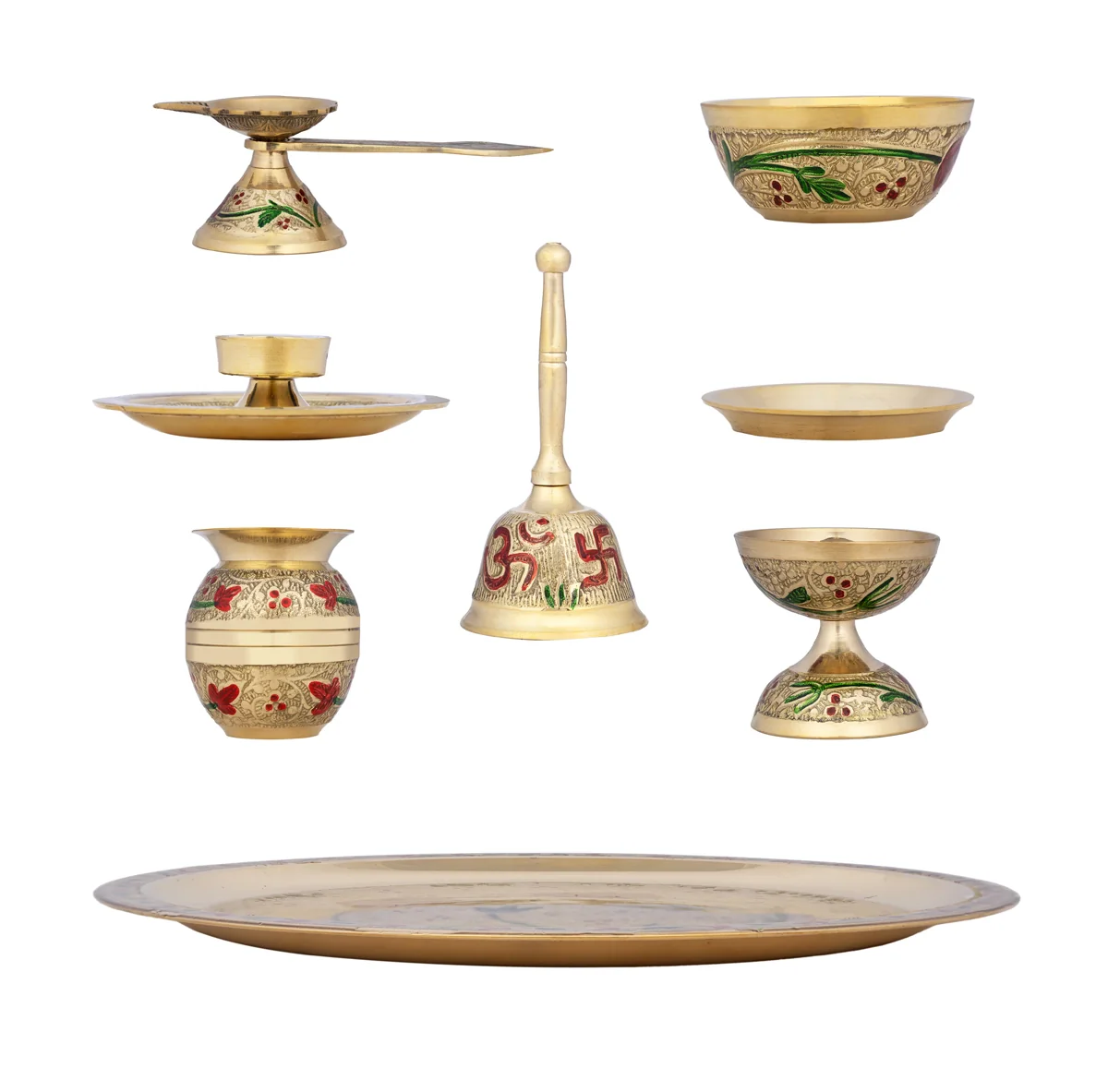 Meenakari Design Pooja Thali Set - 10 Inches Dia | Brass Pooja Set/ 8 Pcs Puja Thali Set For Temple Rituals - Image 2