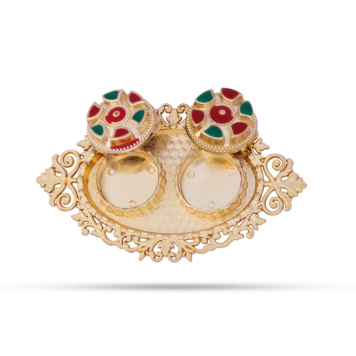 Meenakari Plate with Kumkum Pot - 1.5 x 4 Inches | Kumkum Bharani Plate for Pooja/ Assorted Design - Image 9