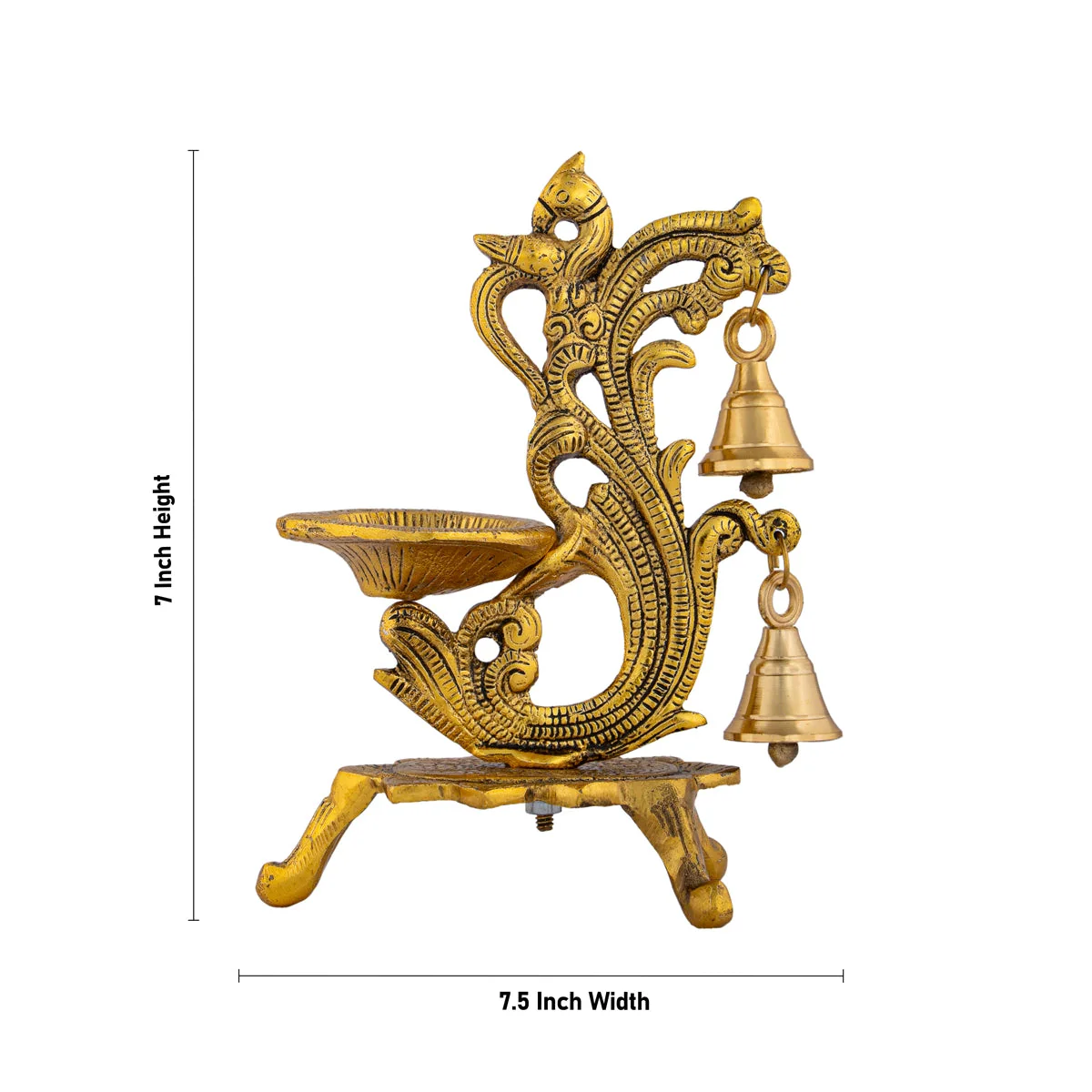 Metal Deepam With Leg - 7 x 7.5 Inches | Gold Polish Vilakku/ Parrot Design Lamp With Bell for Home - Image 3