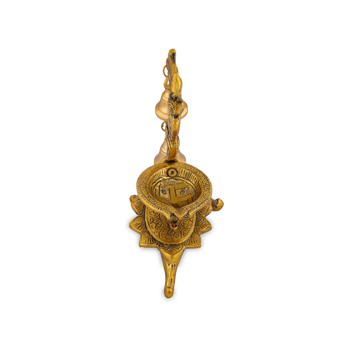 Metal Deepam With Leg - 7 x 7.5 Inches | Gold Polish Vilakku/ Parrot Design Lamp With Bell for Home - Image 4