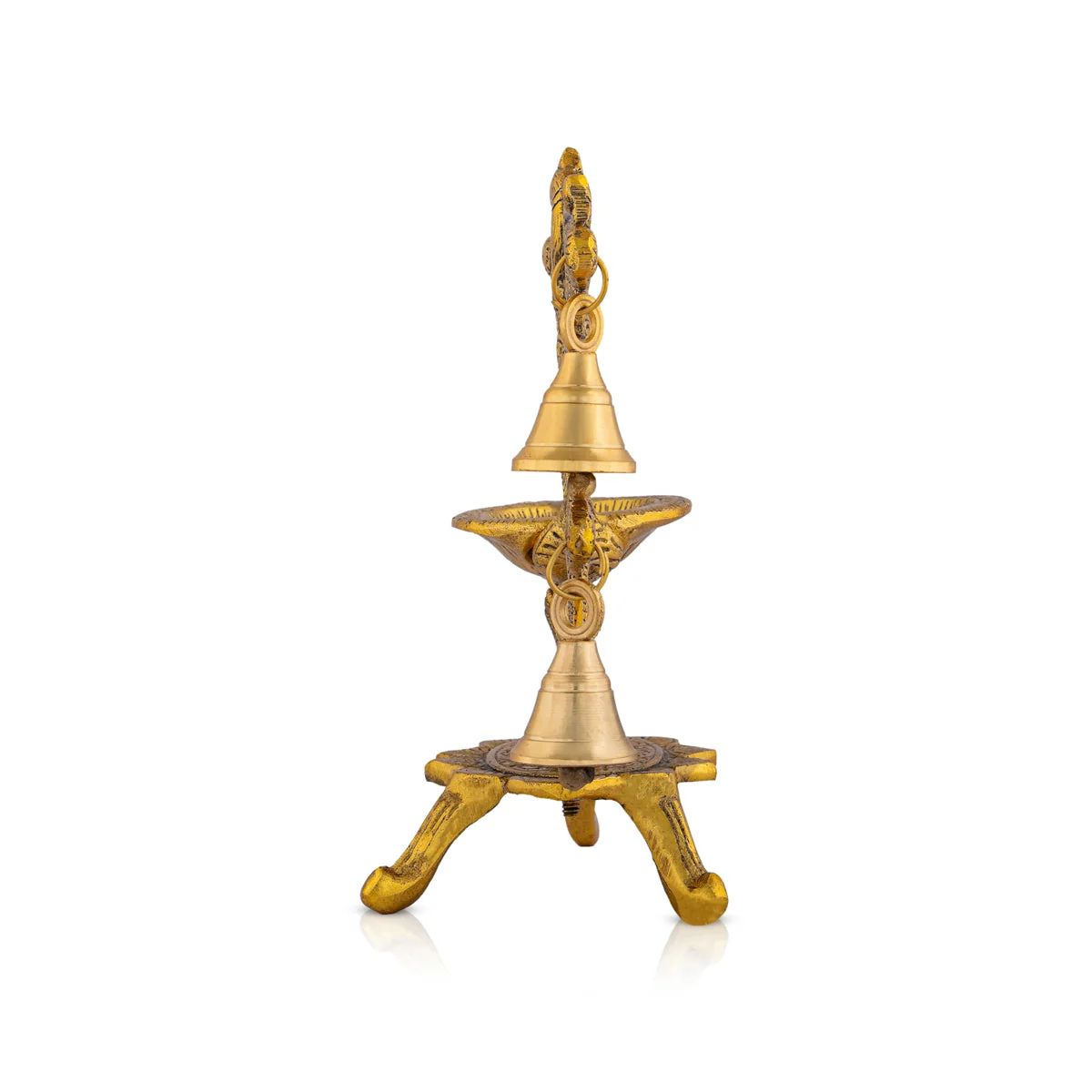 Metal Deepam With Leg - 7 x 7.5 Inches | Gold Polish Vilakku/ Parrot Design Lamp With Bell for Home - Image 5