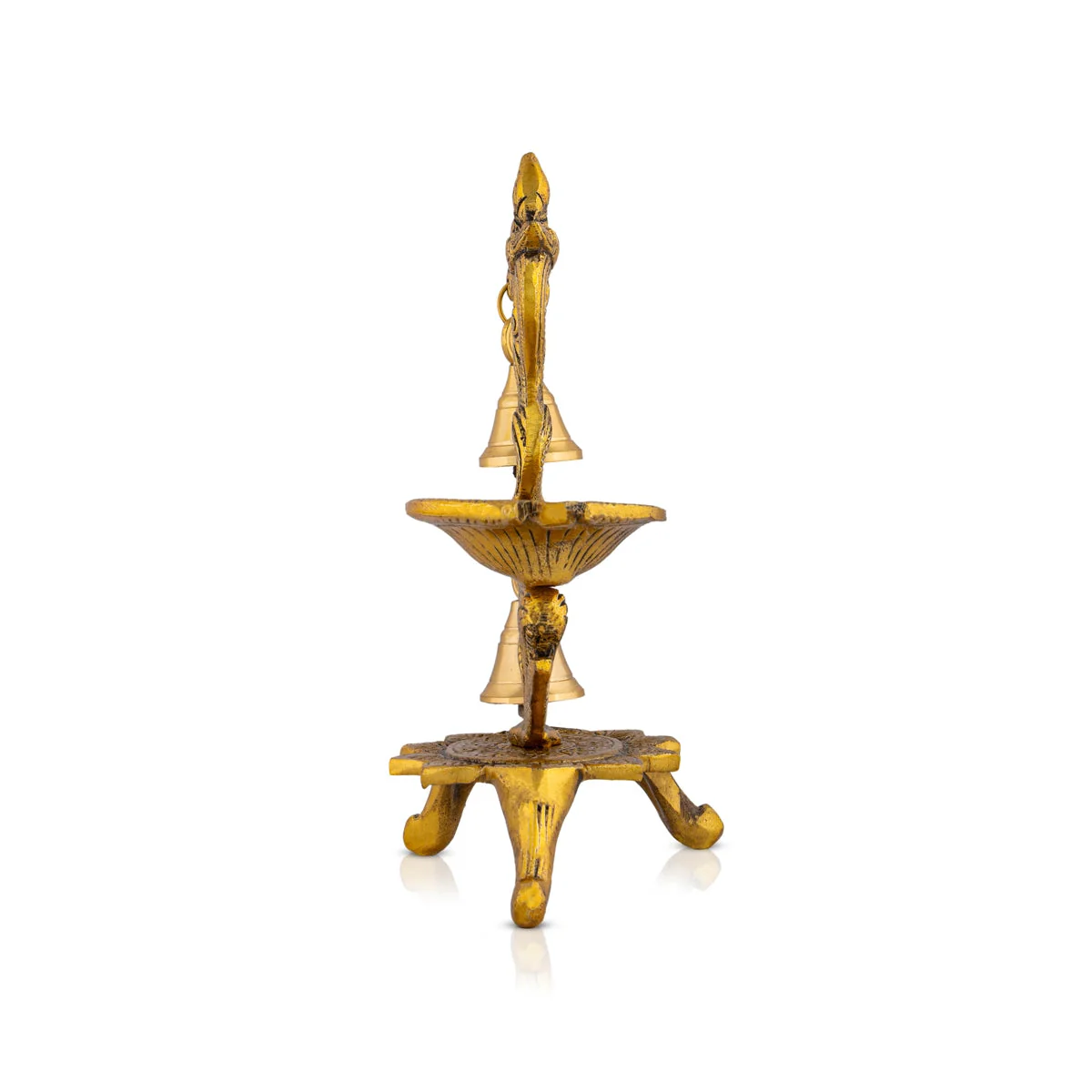 Metal Deepam With Leg - 7 x 7.5 Inches | Gold Polish Vilakku/ Parrot Design Lamp With Bell for Home - Image 6