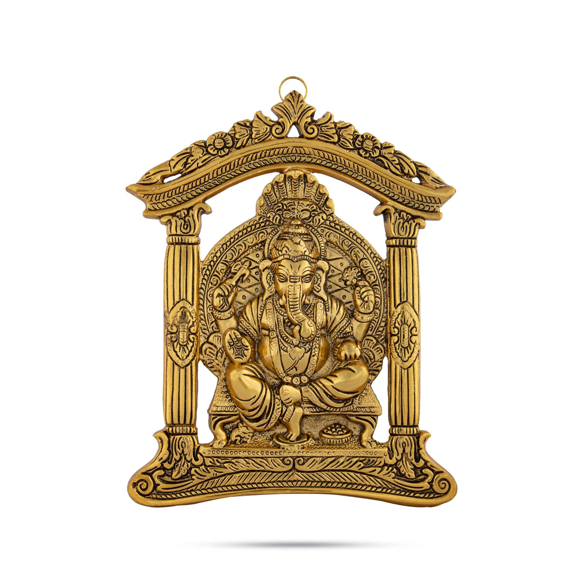 Metal Ganesh Murti Sitting On Mandir Wall Hanging - 10.5 x 8.5 Inches | Gold Polish Ganpati Murti Wall Hanger for Home