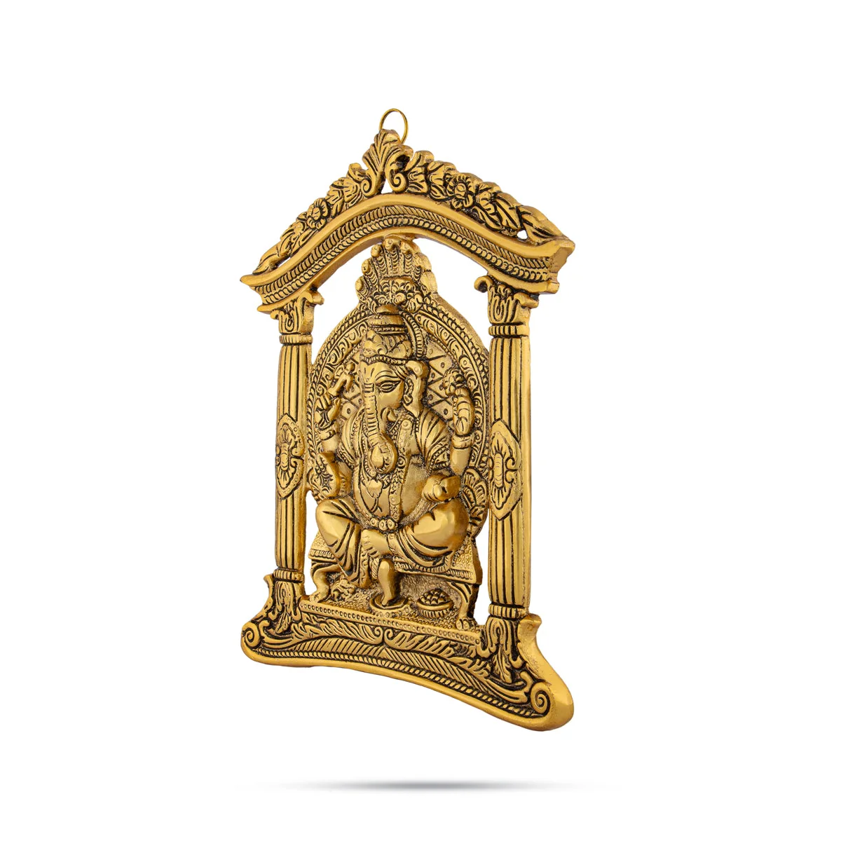 Metal Ganesh Murti Sitting On Mandir Wall Hanging - 10.5 x 8.5 Inches | Gold Polish Ganpati Murti Wall Hanger for Home - Image 2