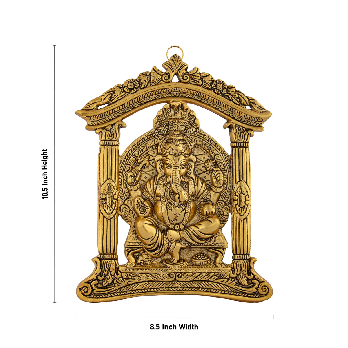 Metal Ganesh Murti Sitting On Mandir Wall Hanging - 10.5 x 8.5 Inches | Gold Polish Ganpati Murti Wall Hanger for Home - Image 3