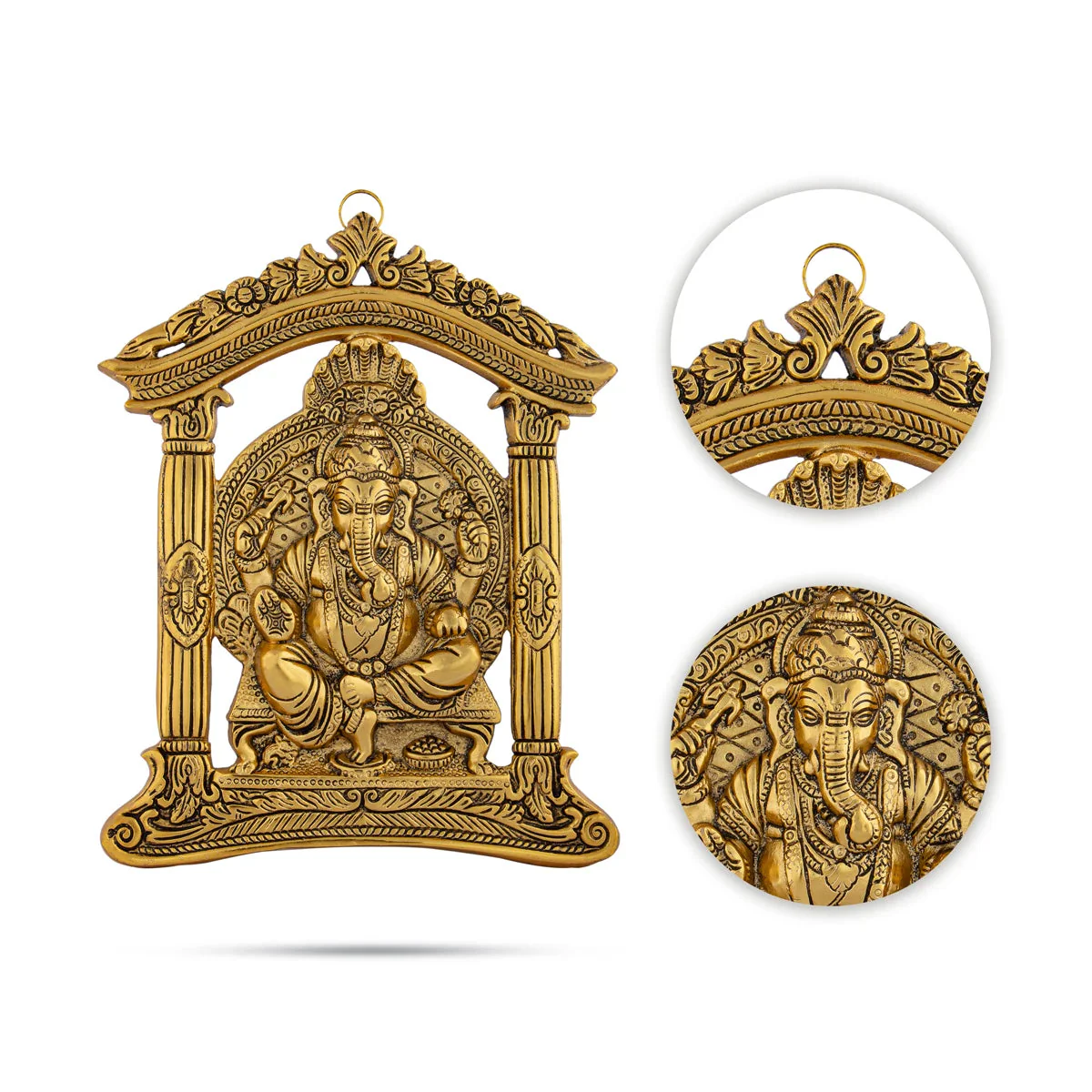 Metal Ganesh Murti Sitting On Mandir Wall Hanging - 10.5 x 8.5 Inches | Gold Polish Ganpati Murti Wall Hanger for Home - Image 4