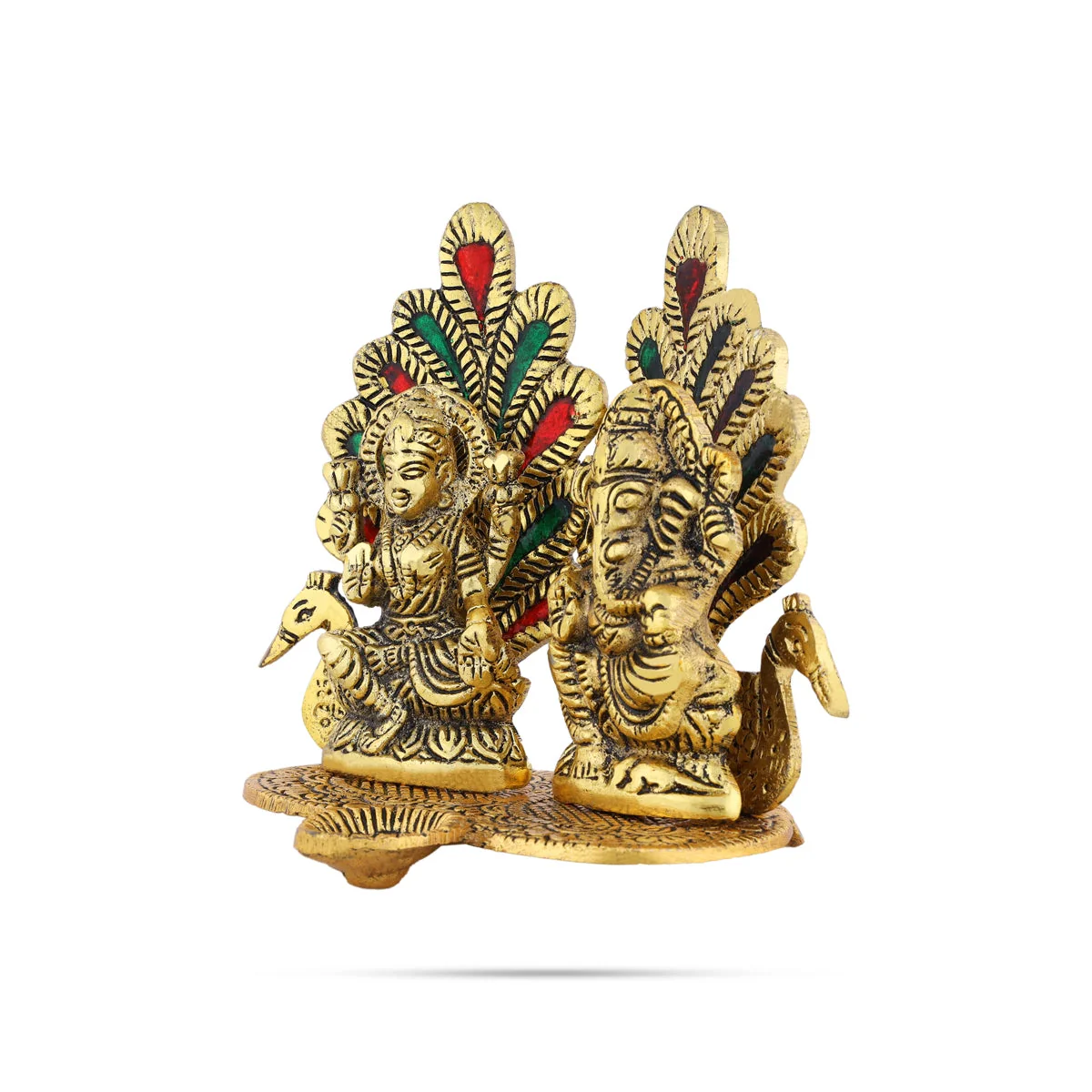 Metal Lakshmi Ganesh Murti Sitting On Peacock Base With Deep - 5 x 5.5 Inches | Gold Polish Lamp for Home - Image 3