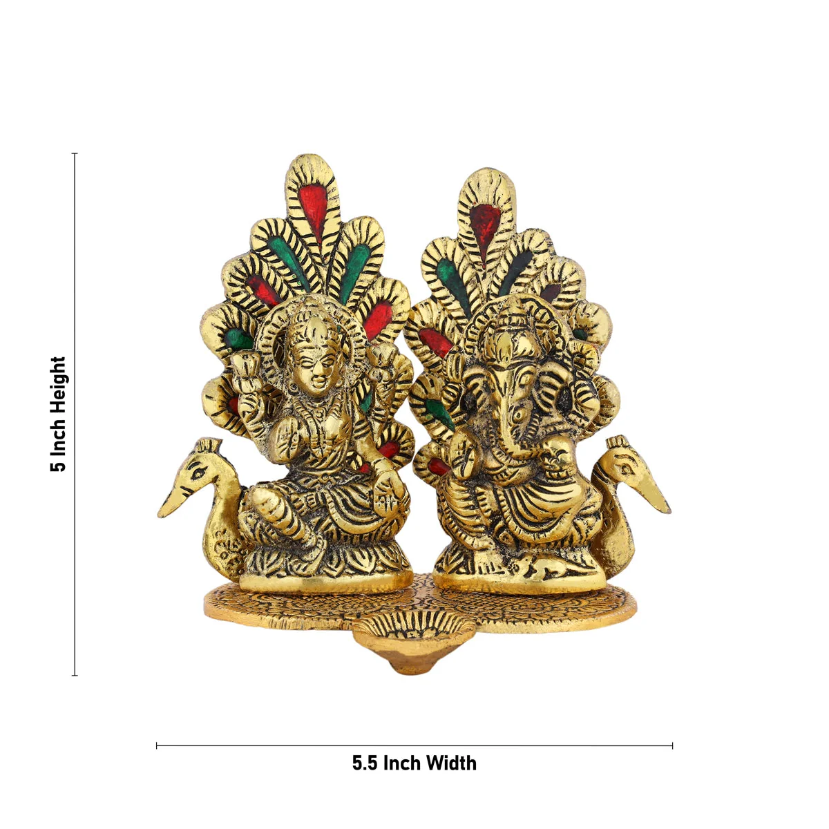 Metal Lakshmi Ganesh Murti Sitting On Peacock Base With Deep - 5 x 5.5 Inches | Gold Polish Lamp for Home - Image 4