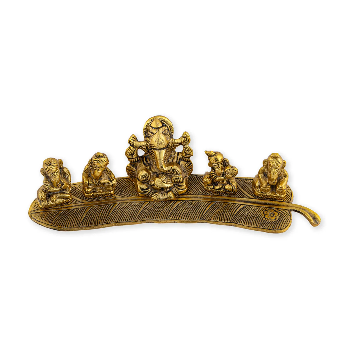 Metal Music Ganesh Murti Sitting On Leaf Design Base - 3 x 11 Inches | Gold Polish Ganpati Murti for Home - Image 4