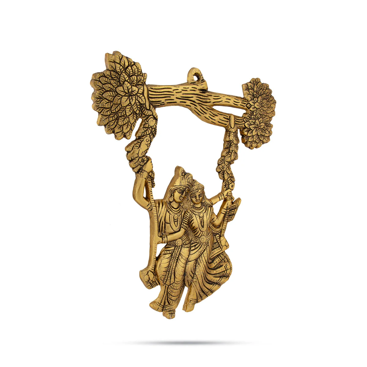 Metal Radha Krishna Murti Oonjal Wall Hanging - 11.5 x 9 Inches | Gold Antique Polish Radha Krishna With Tree - Image 3