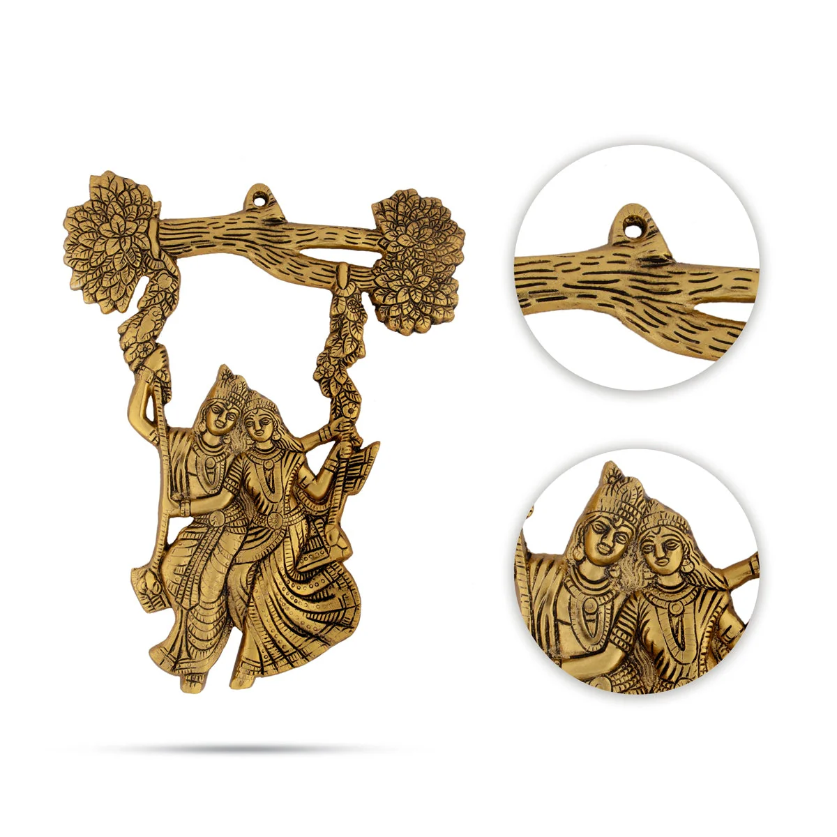 Metal Radha Krishna Murti Oonjal Wall Hanging - 11.5 x 9 Inches | Gold Antique Polish Radha Krishna With Tree - Image 4
