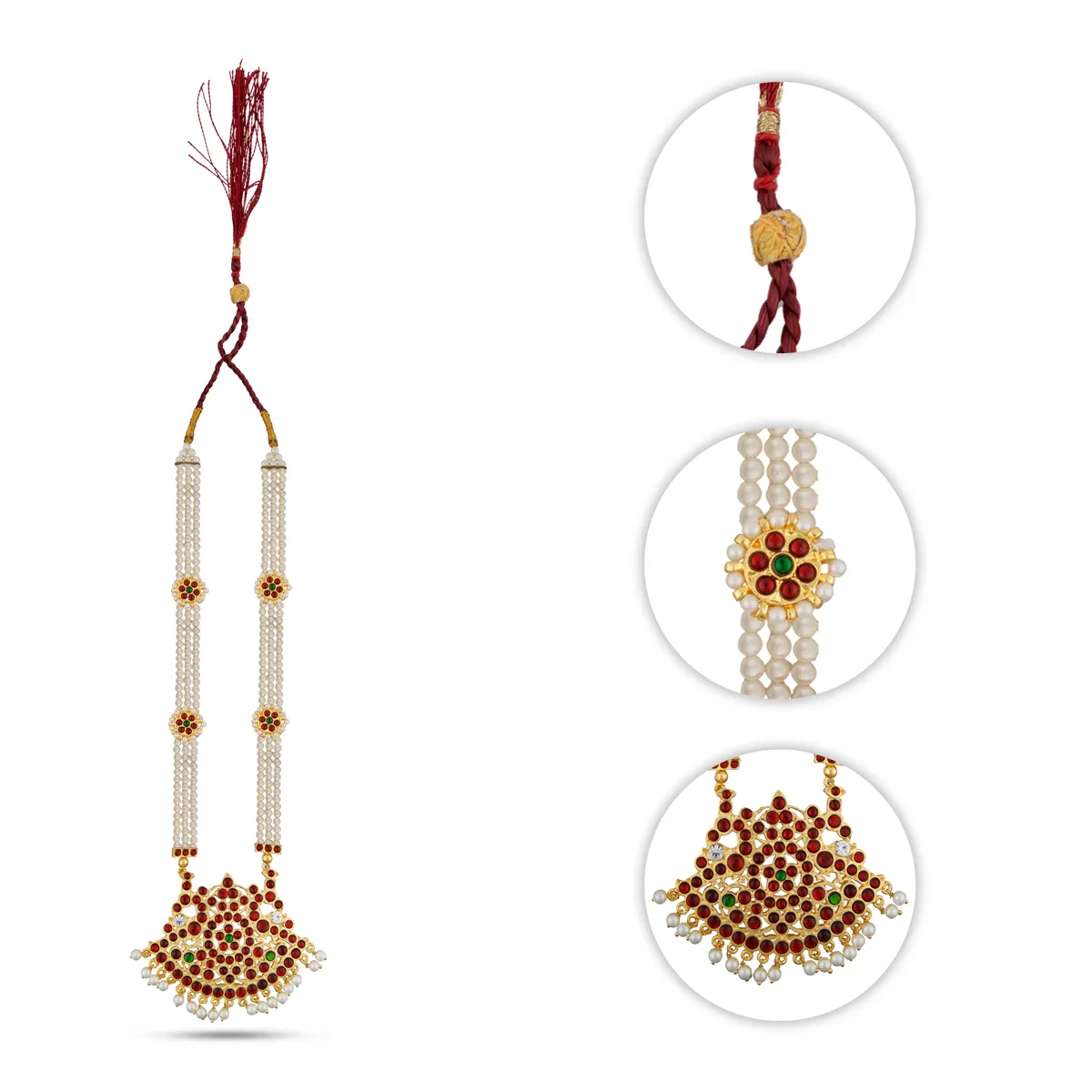 Moti Haram - 12 Inches | 3 Line Moti Mala/ Kemp Jewellery for Bharatanatyam - Image 2