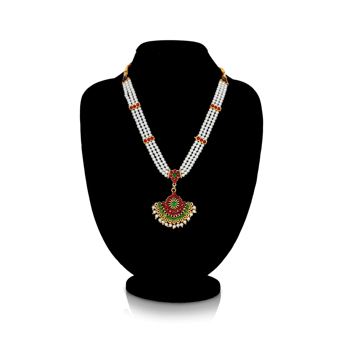 Moti Mala With Stone Pendant - 6 x 8 Inches | Artificial Jewelry/ Bharatanatyam Jewellery/ Necklace for Women - Image 3