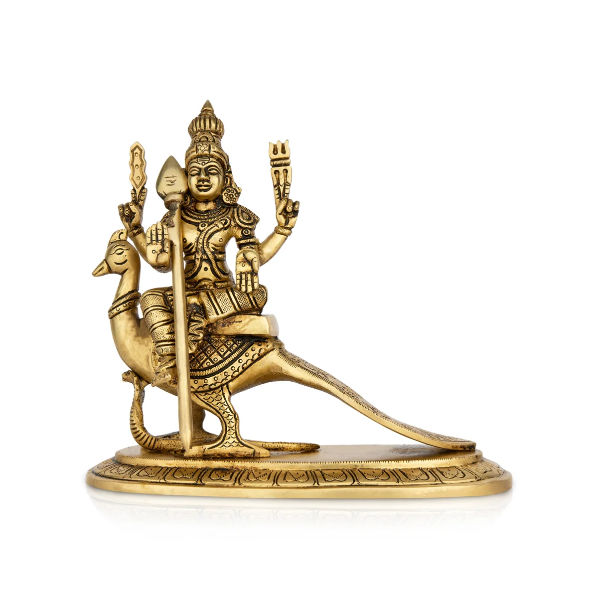 Murugan Statue Sitting On Peacock - 10 x 5 Inches | Antique Brass Idol/ Kartikeya Statue With Base for Pooja - Image 2