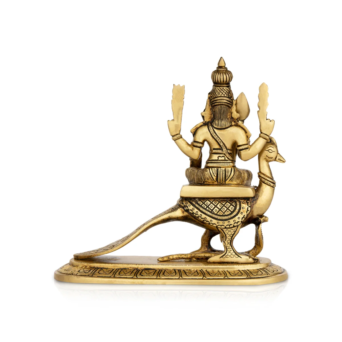 Murugan Statue Sitting On Peacock - 10 x 5 Inches | Antique Brass Idol/ Kartikeya Statue With Base for Pooja - Image 3