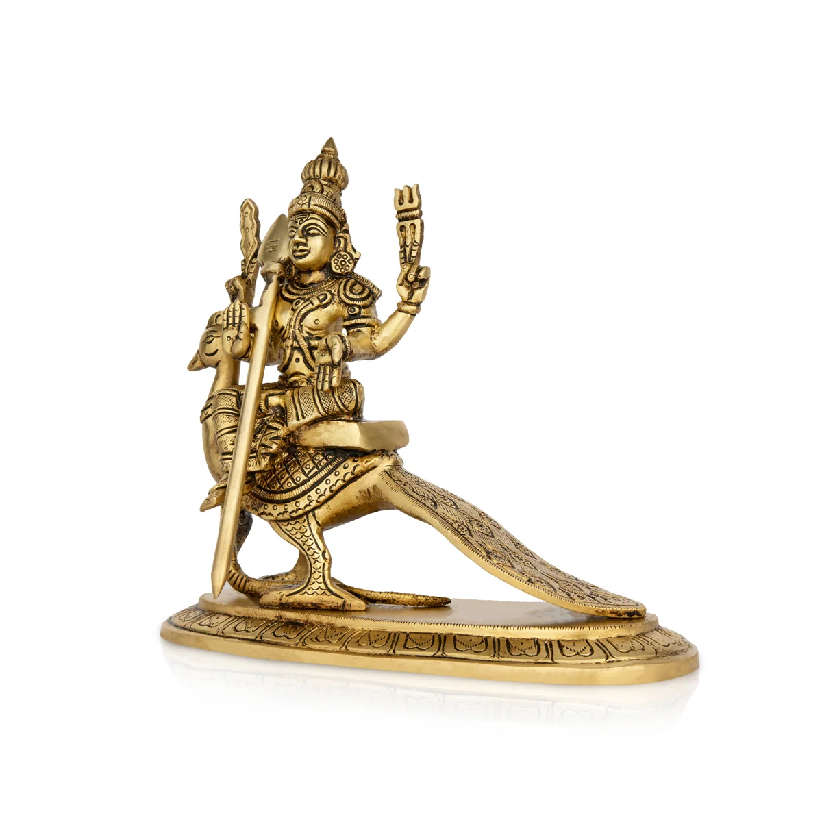 Murugan Statue Sitting On Peacock - 10 x 5 Inches | Antique Brass Idol/ Kartikeya Statue With Base for Pooja - Image 4