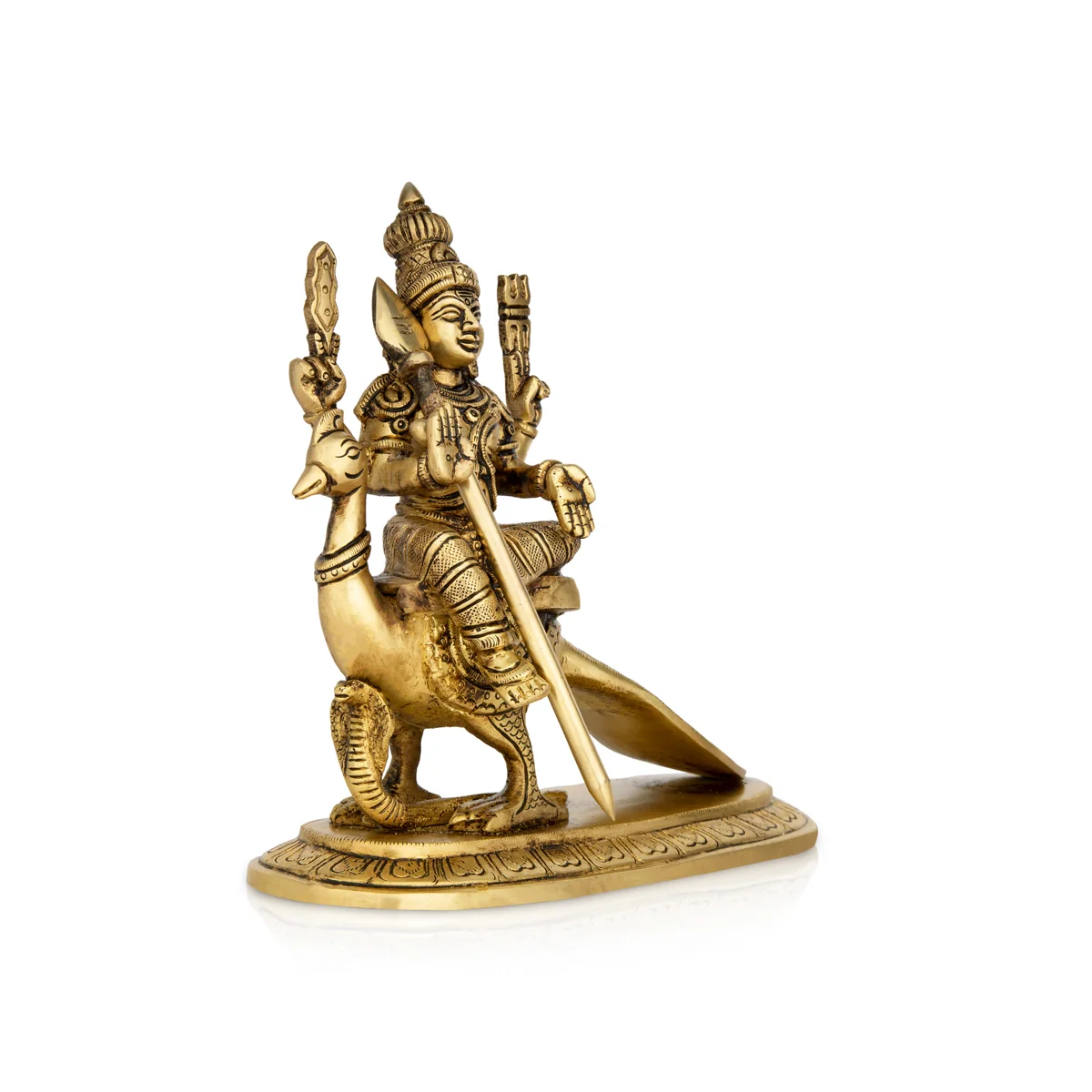 Murugan Statue Sitting On Peacock - 10 x 5 Inches | Antique Brass Idol/ Kartikeya Statue With Base for Pooja - Image 5