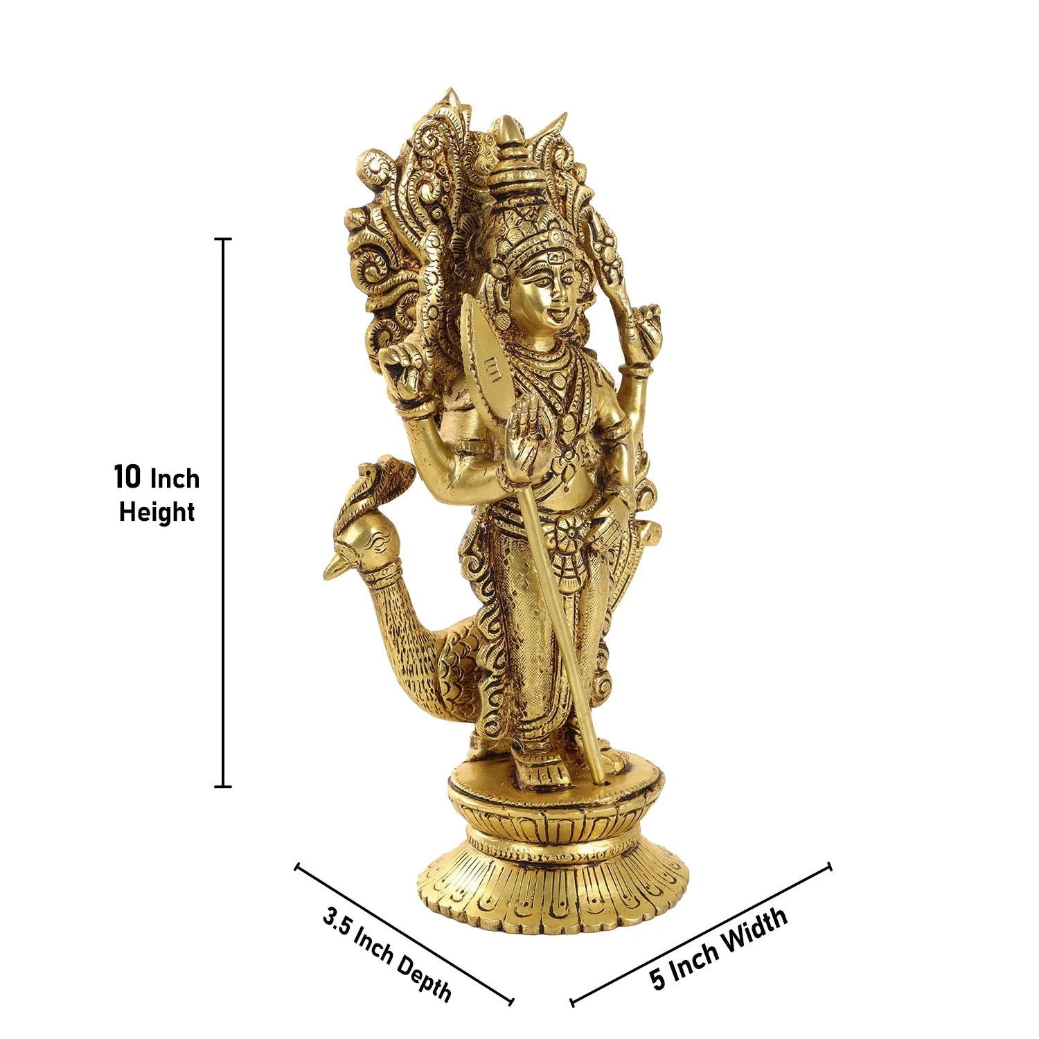Murugan Statue Standing On Base - 10 x 5 Inches | Antique Brass Idol/ Kartikeya Statue With Peacock for Pooja - Image 2