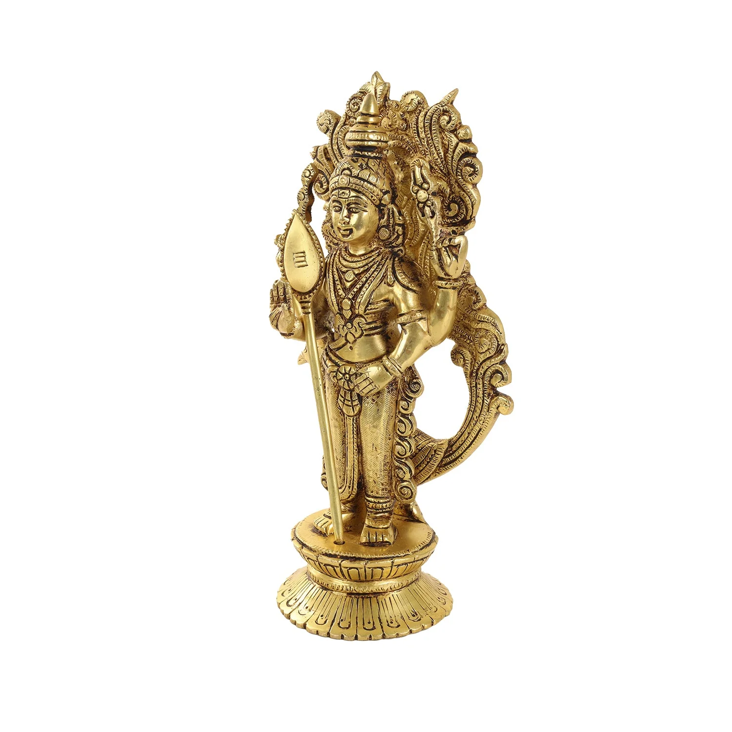 Murugan Statue Standing On Base - 10 x 5 Inches | Antique Brass Idol/ Kartikeya Statue With Peacock for Pooja - Image 3