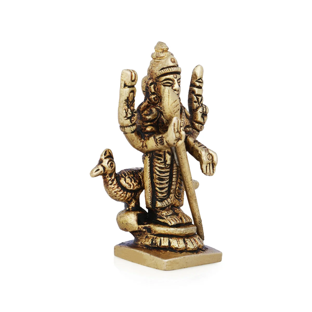 Murugan Statue Standing On Base- 2.5 x 1.75 Inches | Antique Brass Idol/Kartikeya Statue With Peacock for Pooja - Image 4