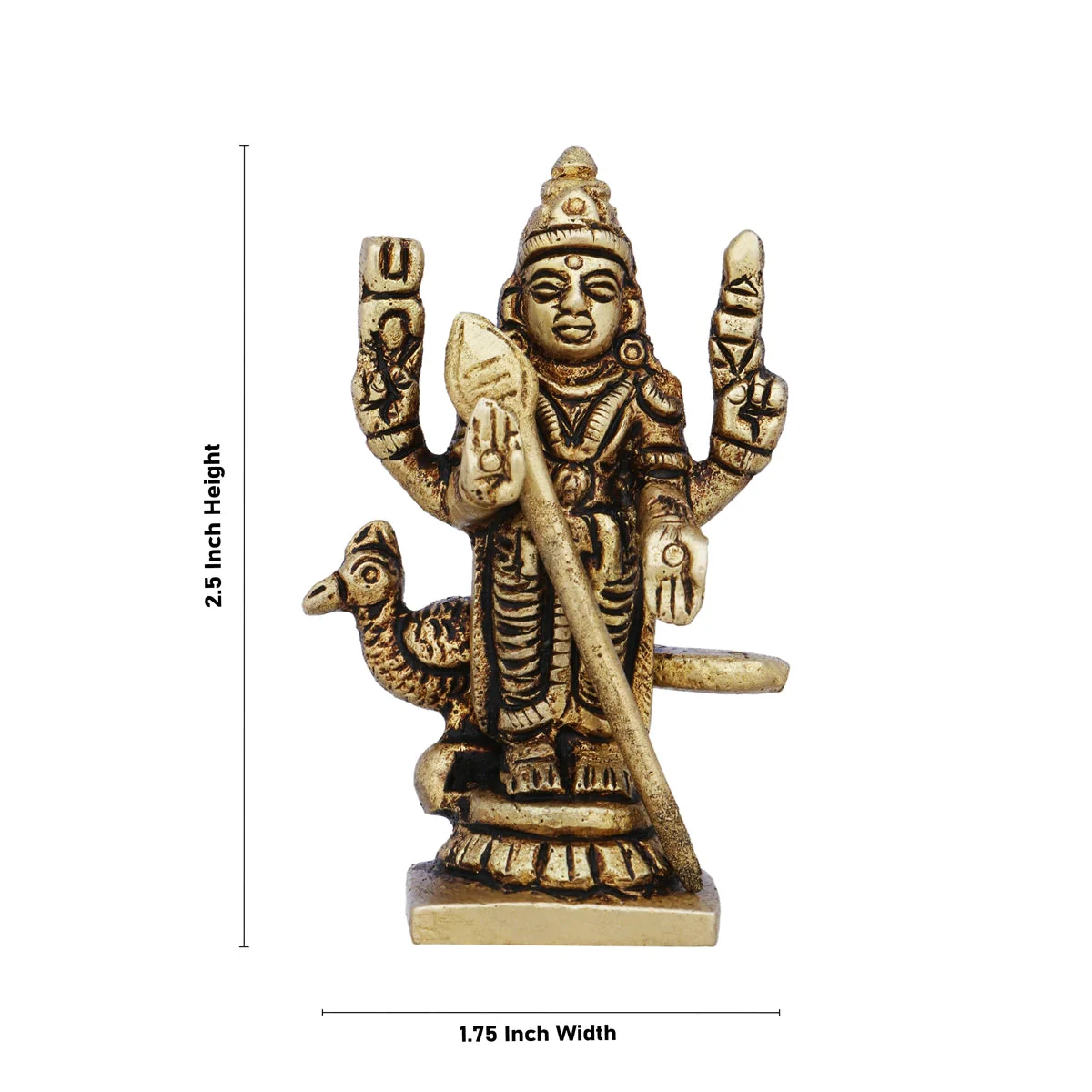 Murugan Statue Standing On Base- 2.5 x 1.75 Inches | Antique Brass Idol/Kartikeya Statue With Peacock for Pooja - Image 5