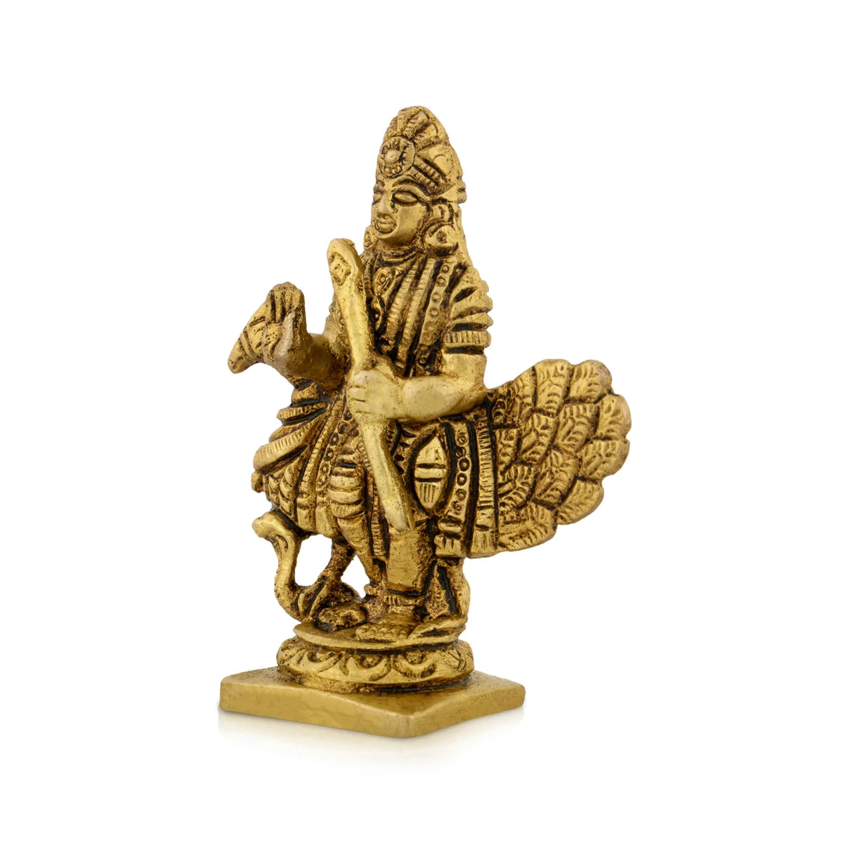 Murugan Statue With Peacock - 3 x 2.5 Inches | Kartikeya Statue Standing On Base/ Antique Brass Idol for Pooja - Image 2