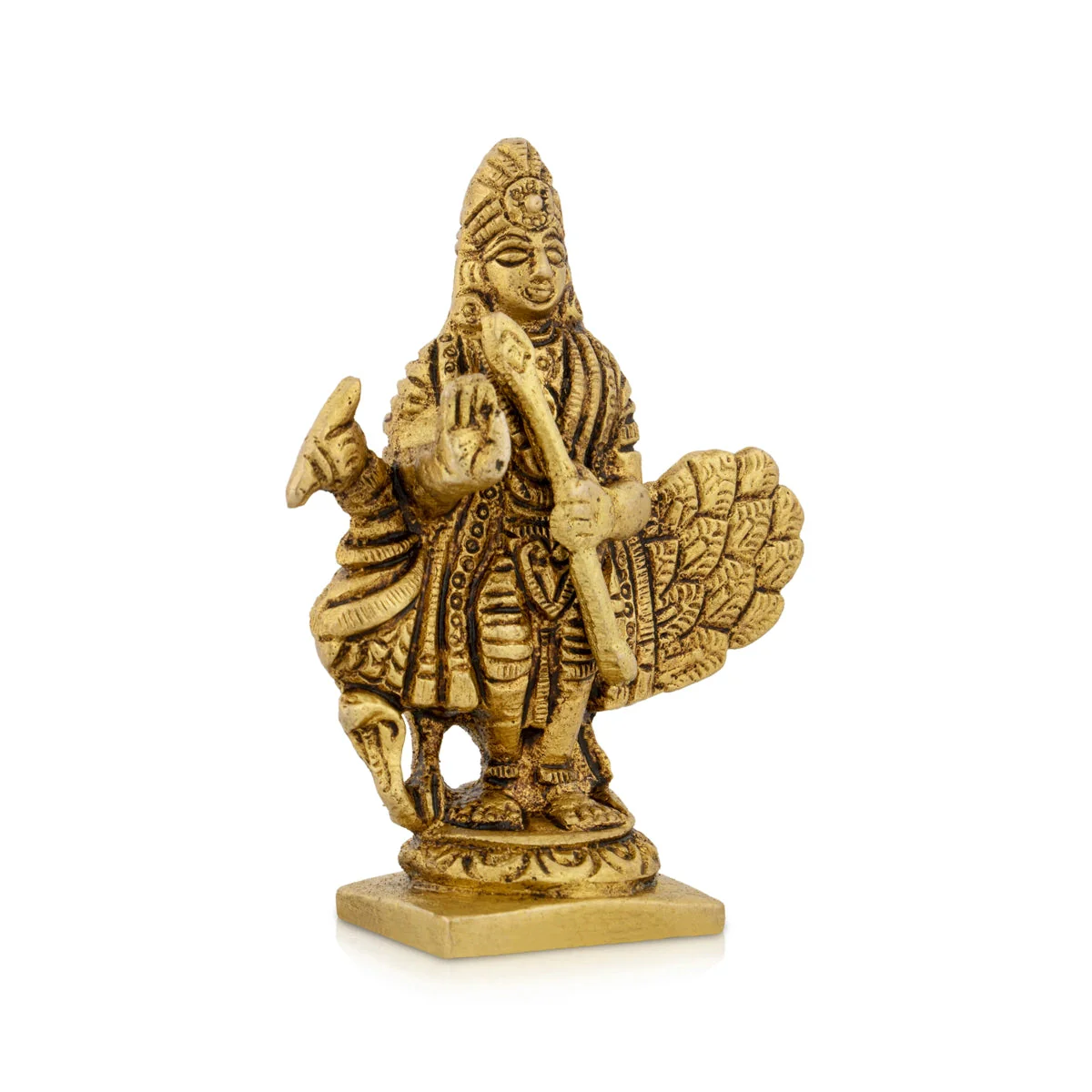 Murugan Statue With Peacock - 3 x 2.5 Inches | Kartikeya Statue Standing On Base/ Antique Brass Idol for Pooja - Image 3
