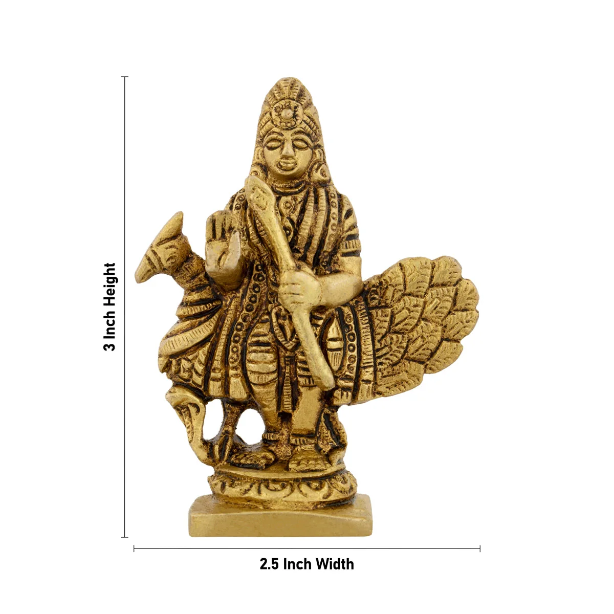Murugan Statue With Peacock - 3 x 2.5 Inches | Kartikeya Statue Standing On Base/ Antique Brass Idol for Pooja - Image 4