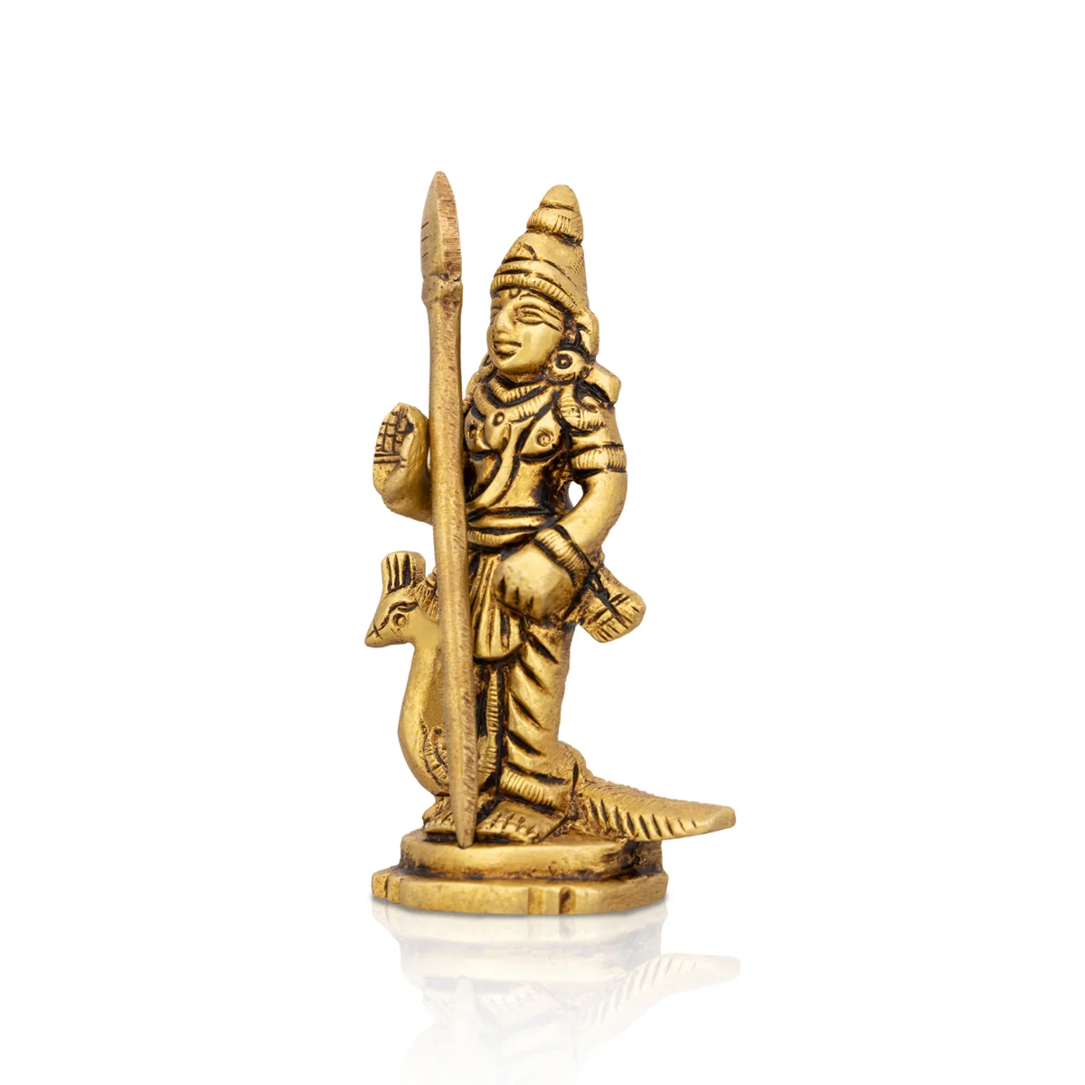 Murugan Statue With Peacock Standing On Base - 3.5 x 2 Inches | Antique Brass Idol/ Kartikeya Statue For Pooja - Image 2