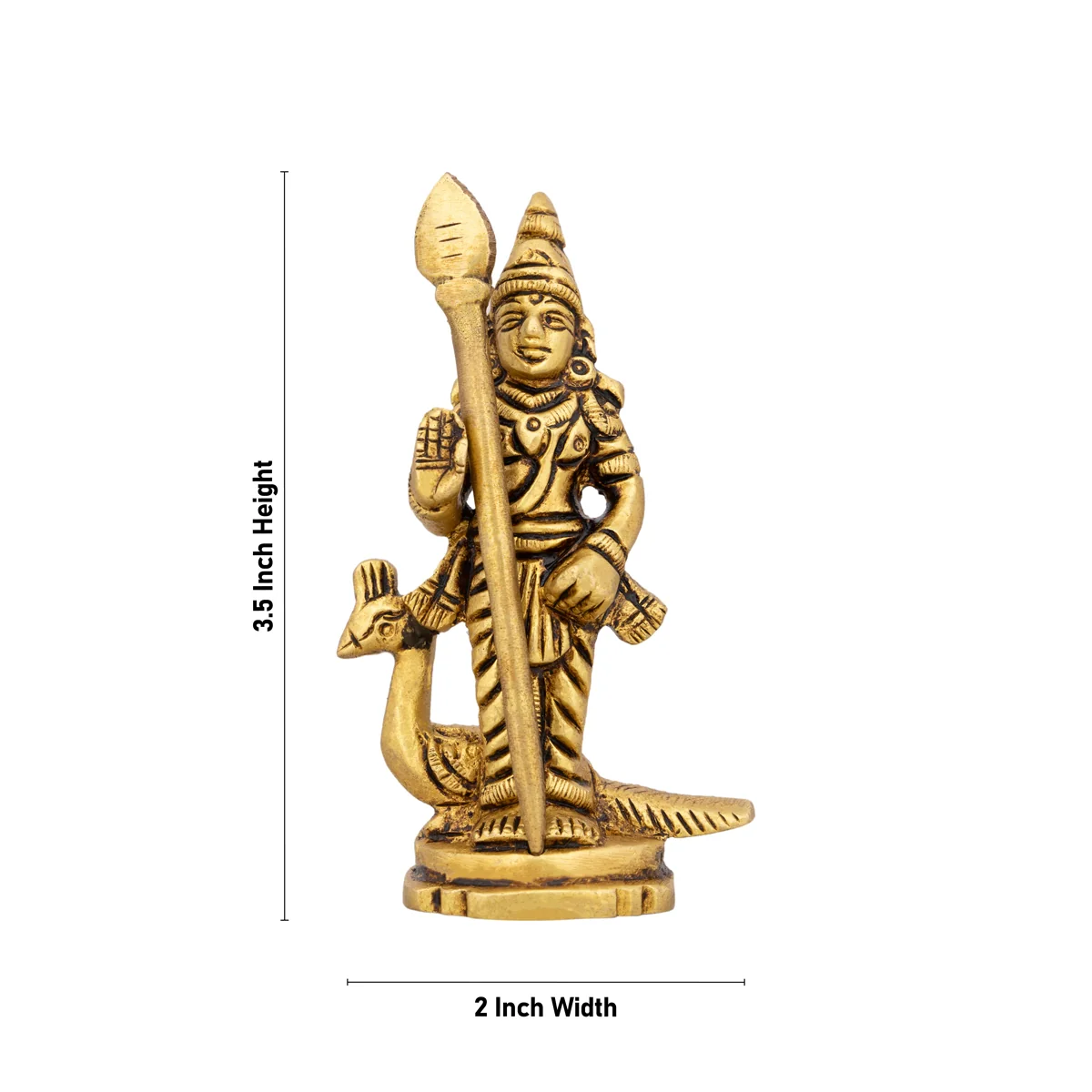 Murugan Statue With Peacock Standing On Base - 3.5 x 2 Inches | Antique Brass Idol/ Kartikeya Statue For Pooja - Image 3