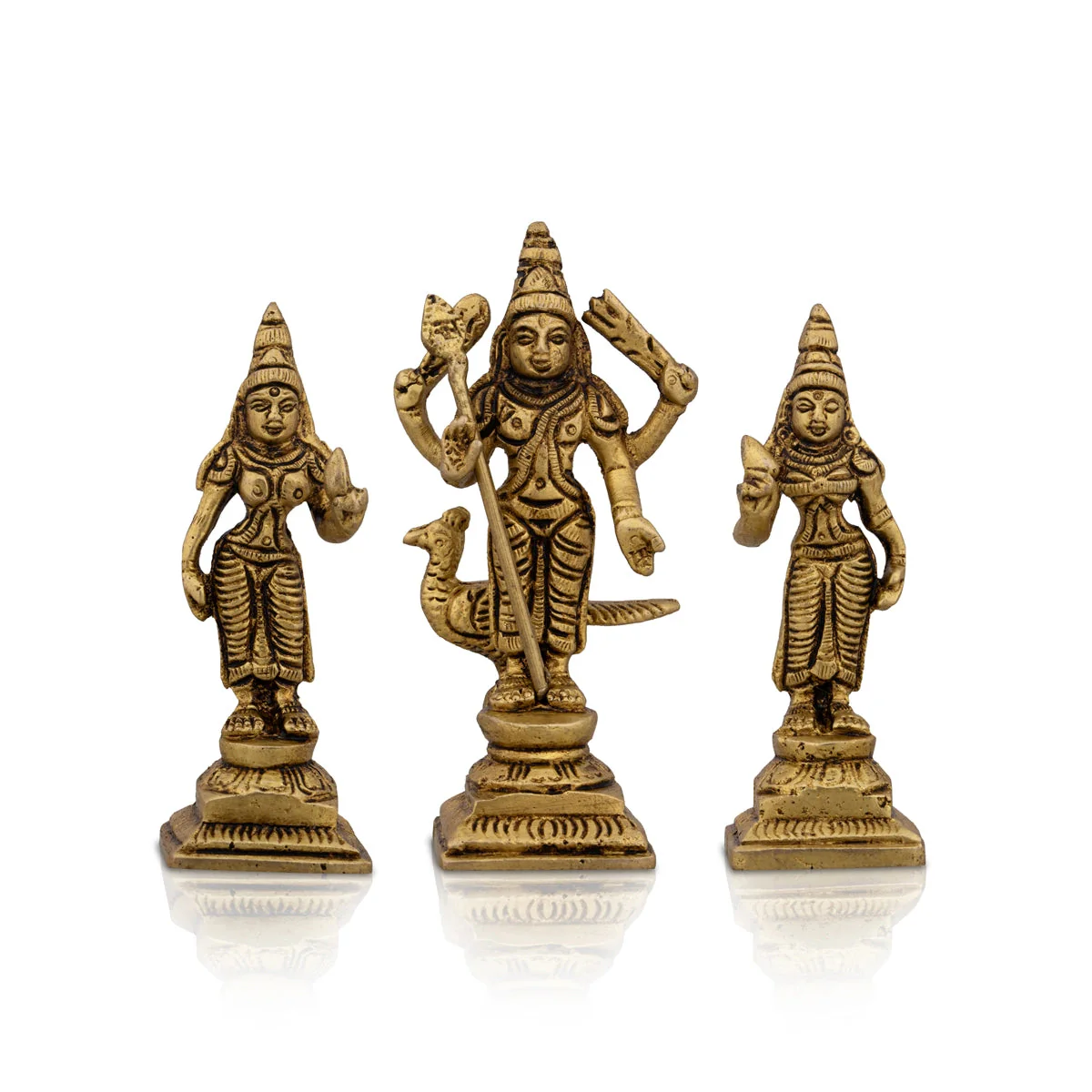 Murugan Valli Deivanai Statue Standing On Base Set - 4 x 1.75 Inches | Antique Brass Idol for Pooja - Image 4