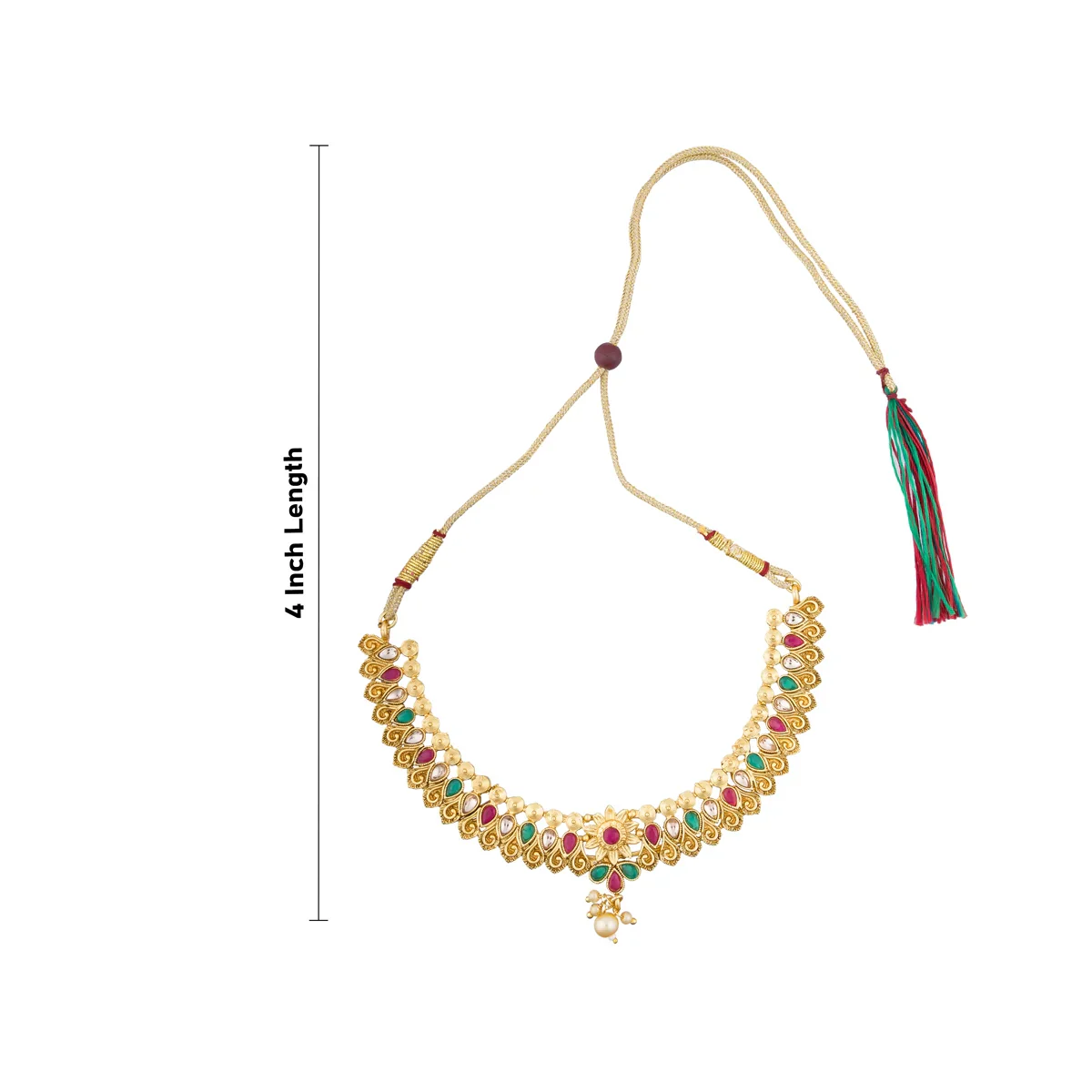 Necklace with Earring Set - 4 Inches | Gold Polish Haram with Stud Set/ Multicoloured Stone Jewellery for Women - Image 12