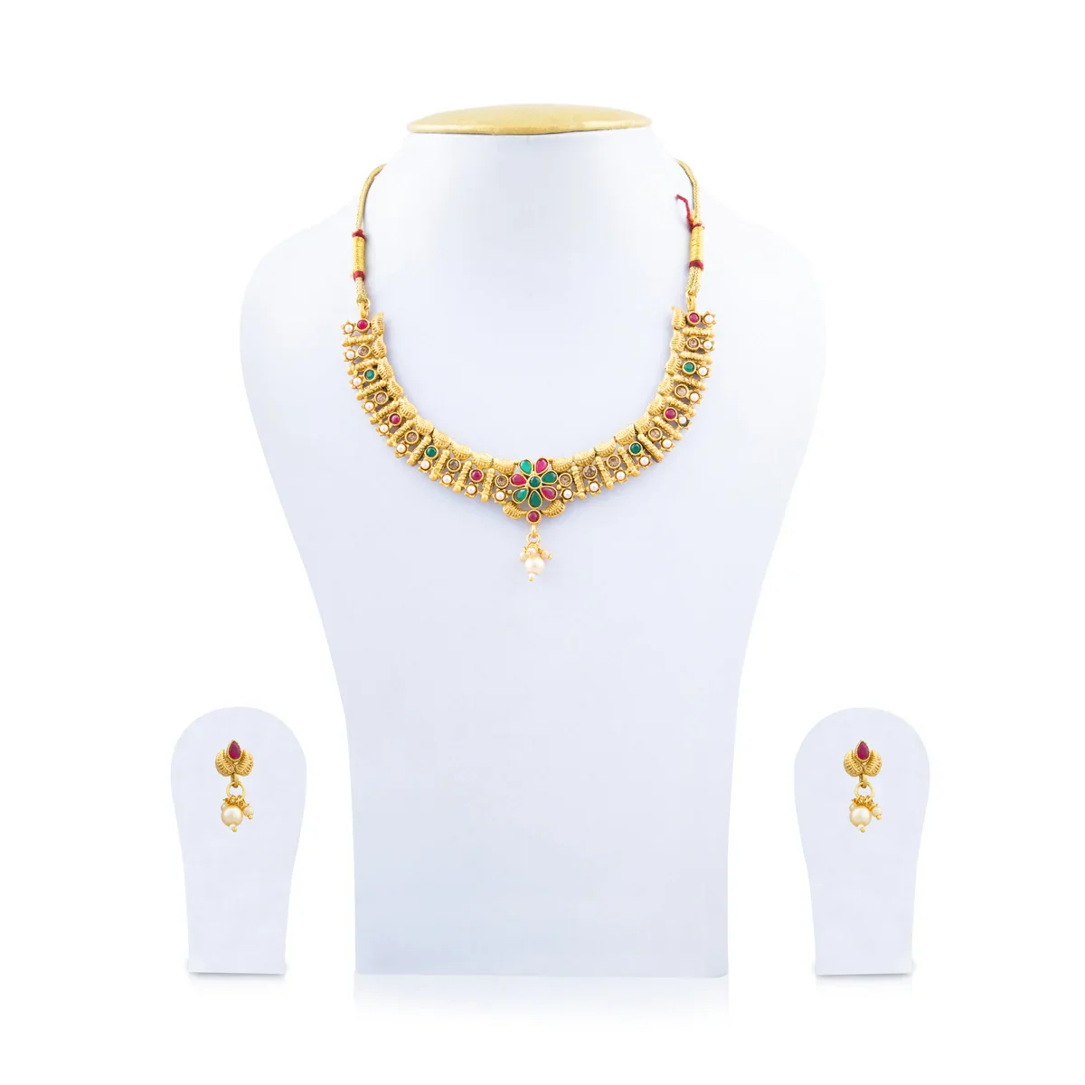 Necklace with Earring Set - 4 Inches | Gold Polish Haram with Stud Set/ Multicoloured Stone Jewellery for Women - Image 2