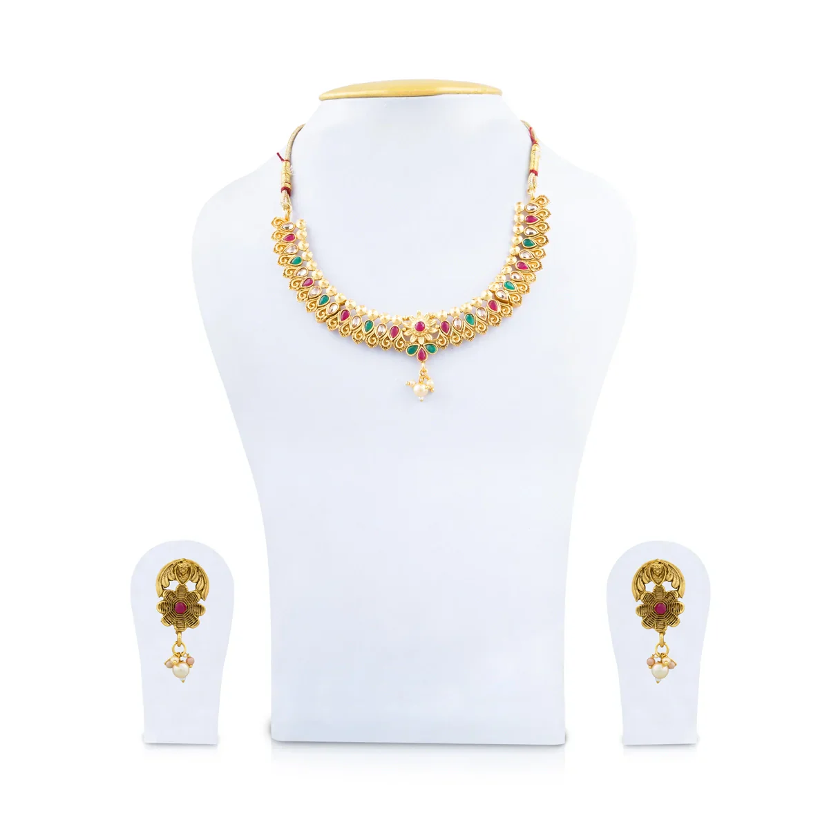 Necklace with Earring Set - 4 Inches | Gold Polish Haram with Stud Set/ Multicoloured Stone Jewellery for Women - Image 3
