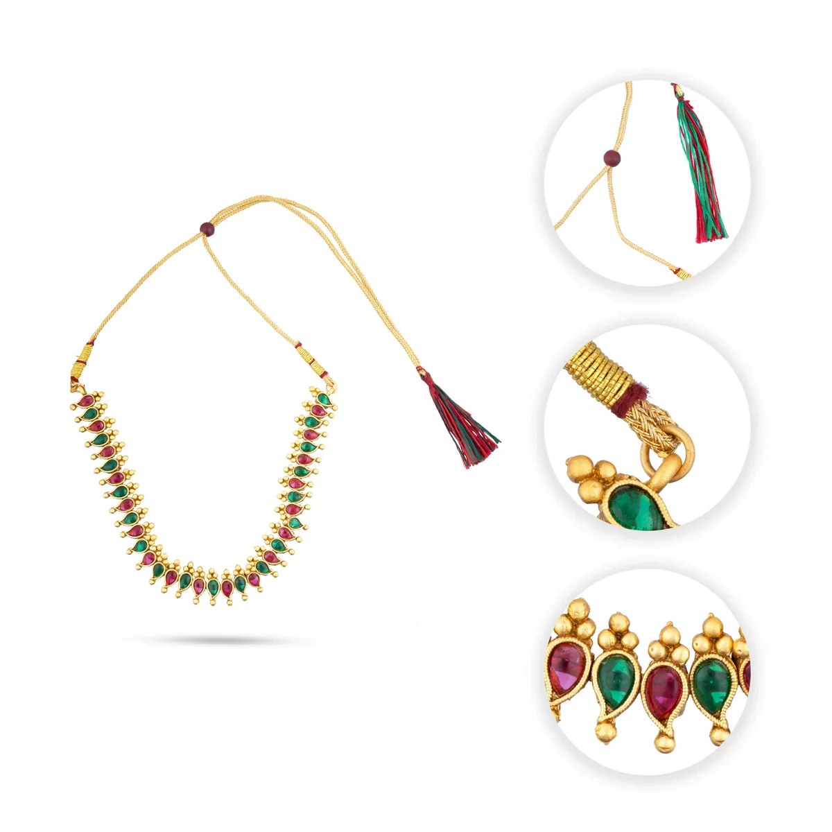 Necklace with Earring Set - 4 Inches | Gold Polish Haram with Stud Set/ Multicoloured Stone Jewellery for Women - Image 5