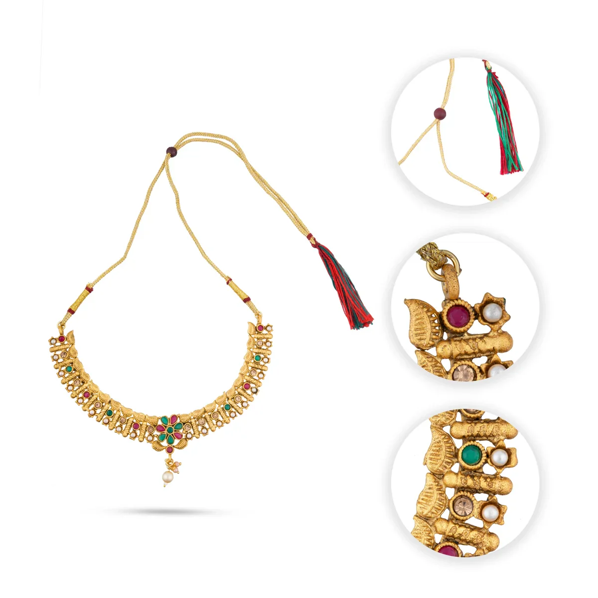 Necklace with Earring Set - 4 Inches | Gold Polish Haram with Stud Set/ Multicoloured Stone Jewellery for Women - Image 6