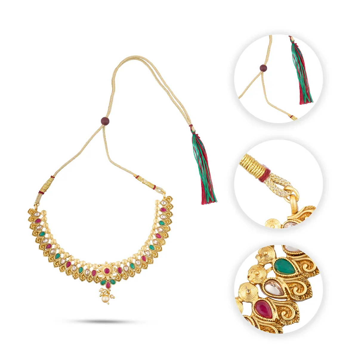 Necklace with Earring Set - 4 Inches | Gold Polish Haram with Stud Set/ Multicoloured Stone Jewellery for Women - Image 7