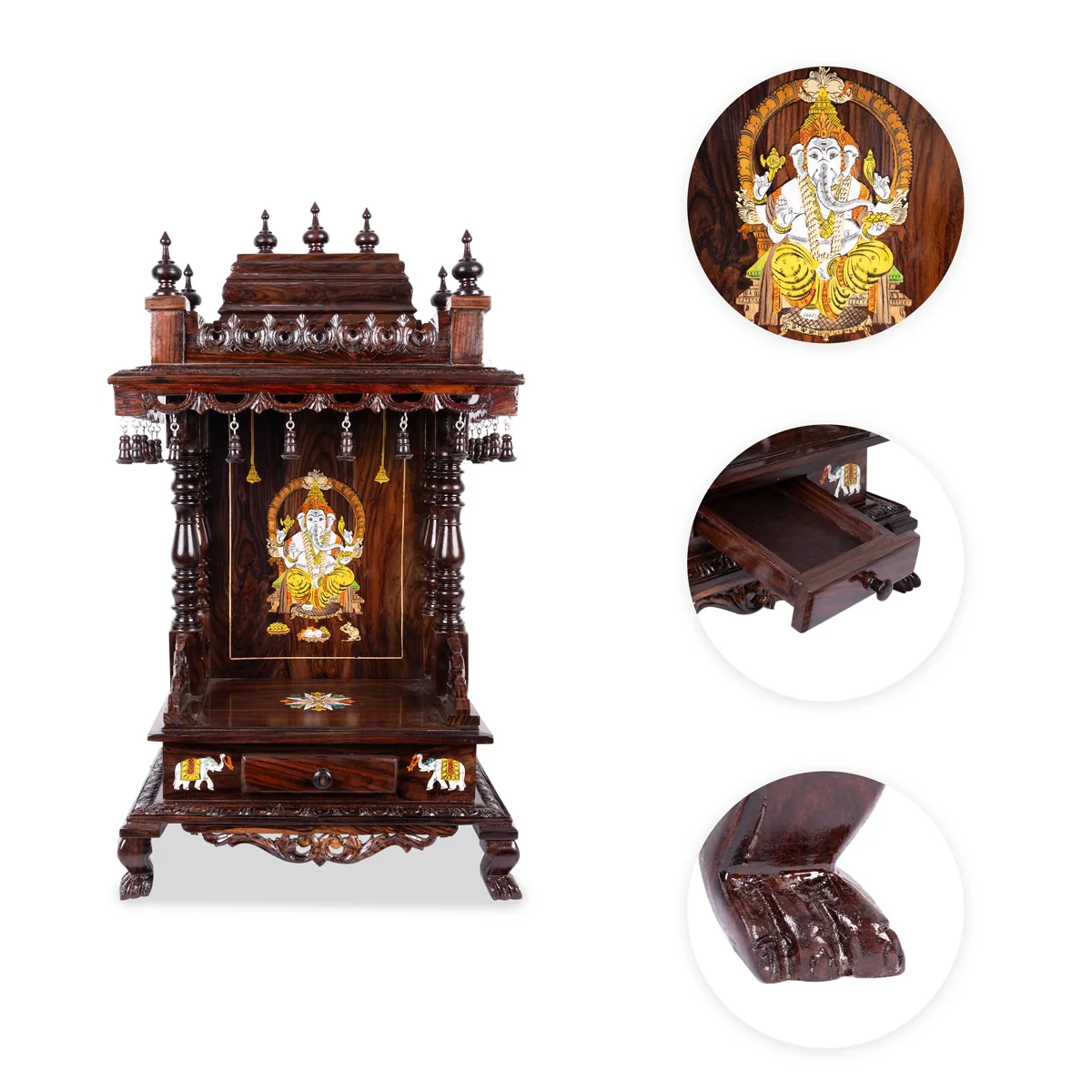 Open Rosewood Pooja Mandir With Base - 10 X 15 Inches | Inlaid And Carved Wooden Temple/ Puja Stand With Bell