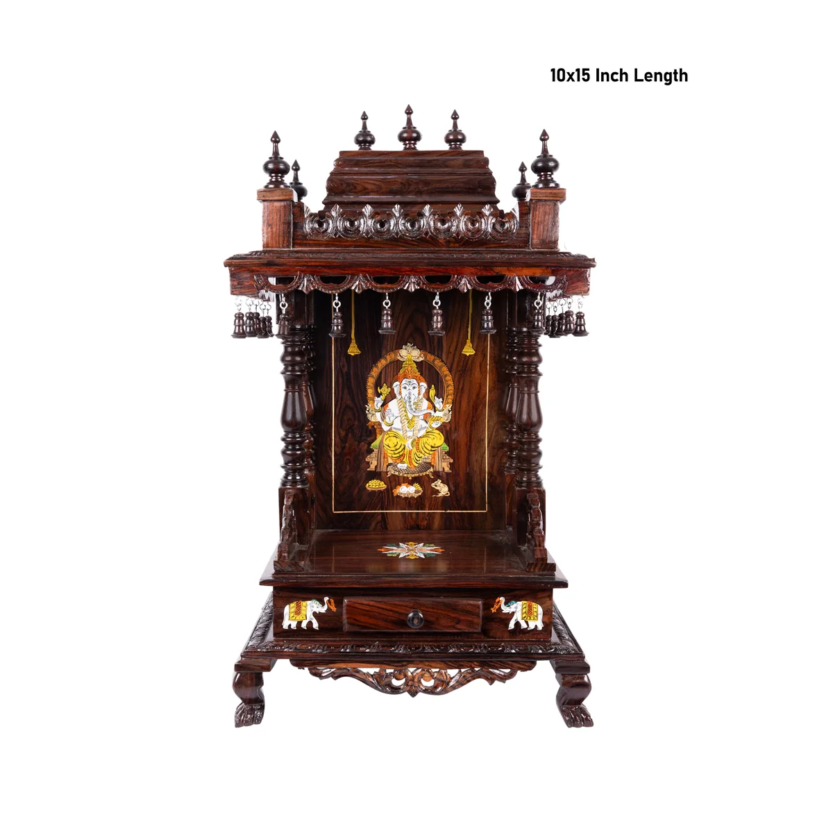 Open Rosewood Pooja Mandir With Base - 10 X 15 Inches | Inlaid And Carved Wooden Temple/ Puja Stand With Bell - Image 2