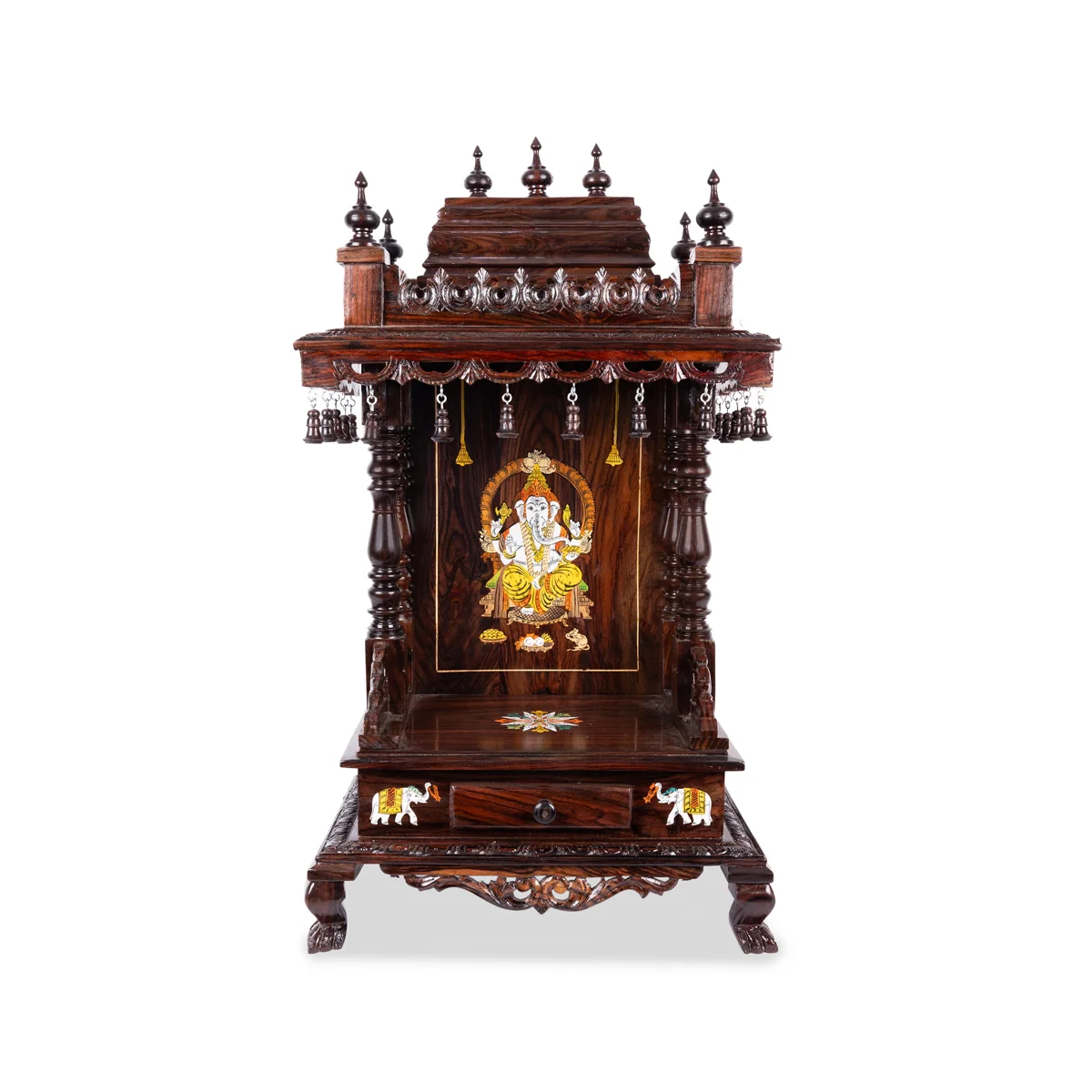 Open Rosewood Pooja Mandir With Base - 10 X 15 Inches | Inlaid And Carved Wooden Temple/ Puja Stand With Bell - Image 3