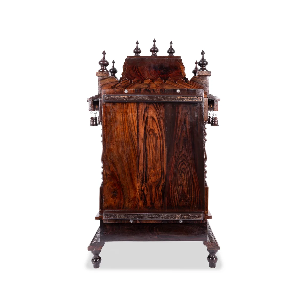 Open Rosewood Pooja Mandir With Base - 10 X 15 Inches | Inlaid And Carved Wooden Temple/ Puja Stand With Bell - Image 4